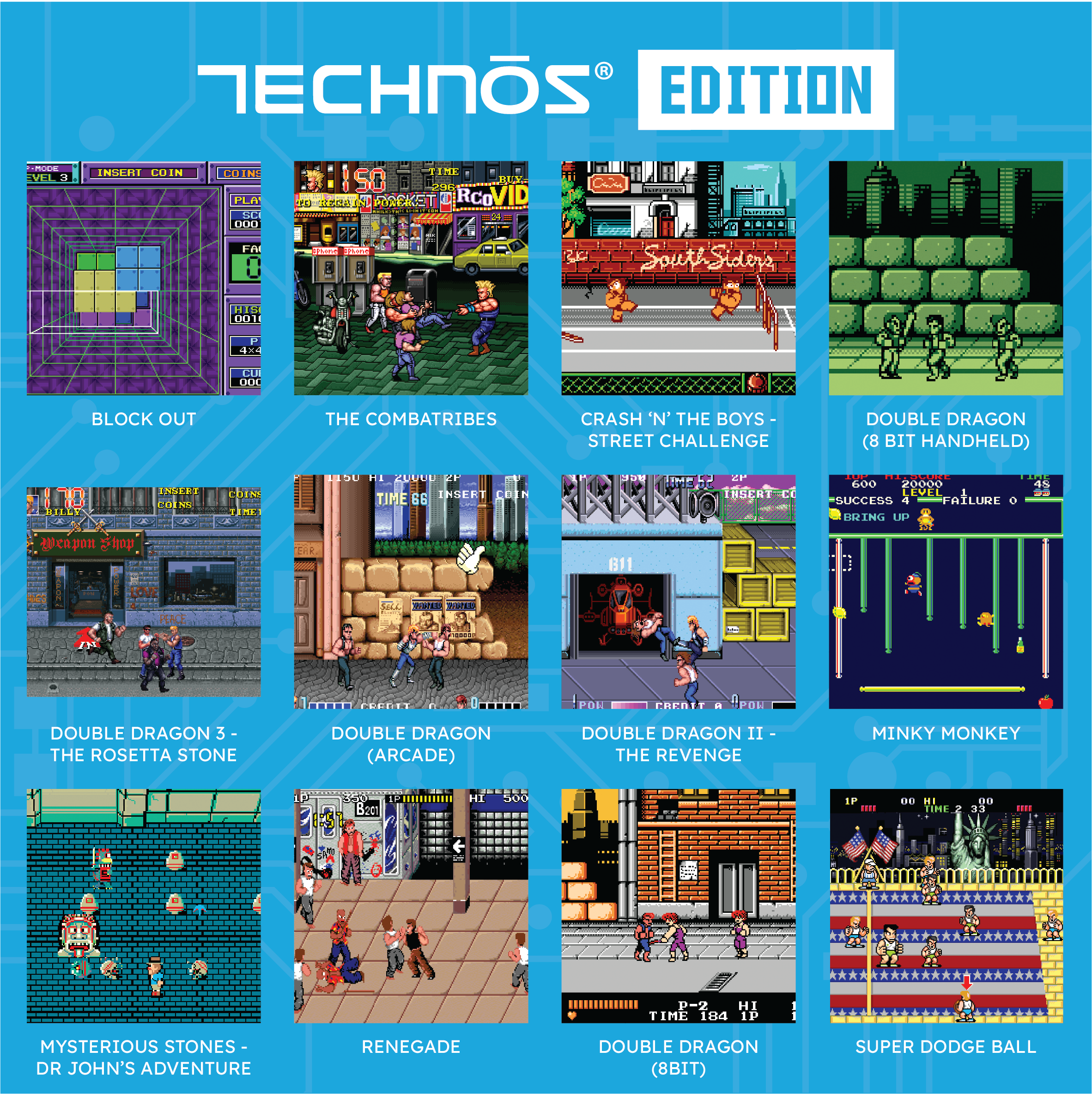 Colección de capturas de pantalla de juegos arcade retro, con varios títulos.