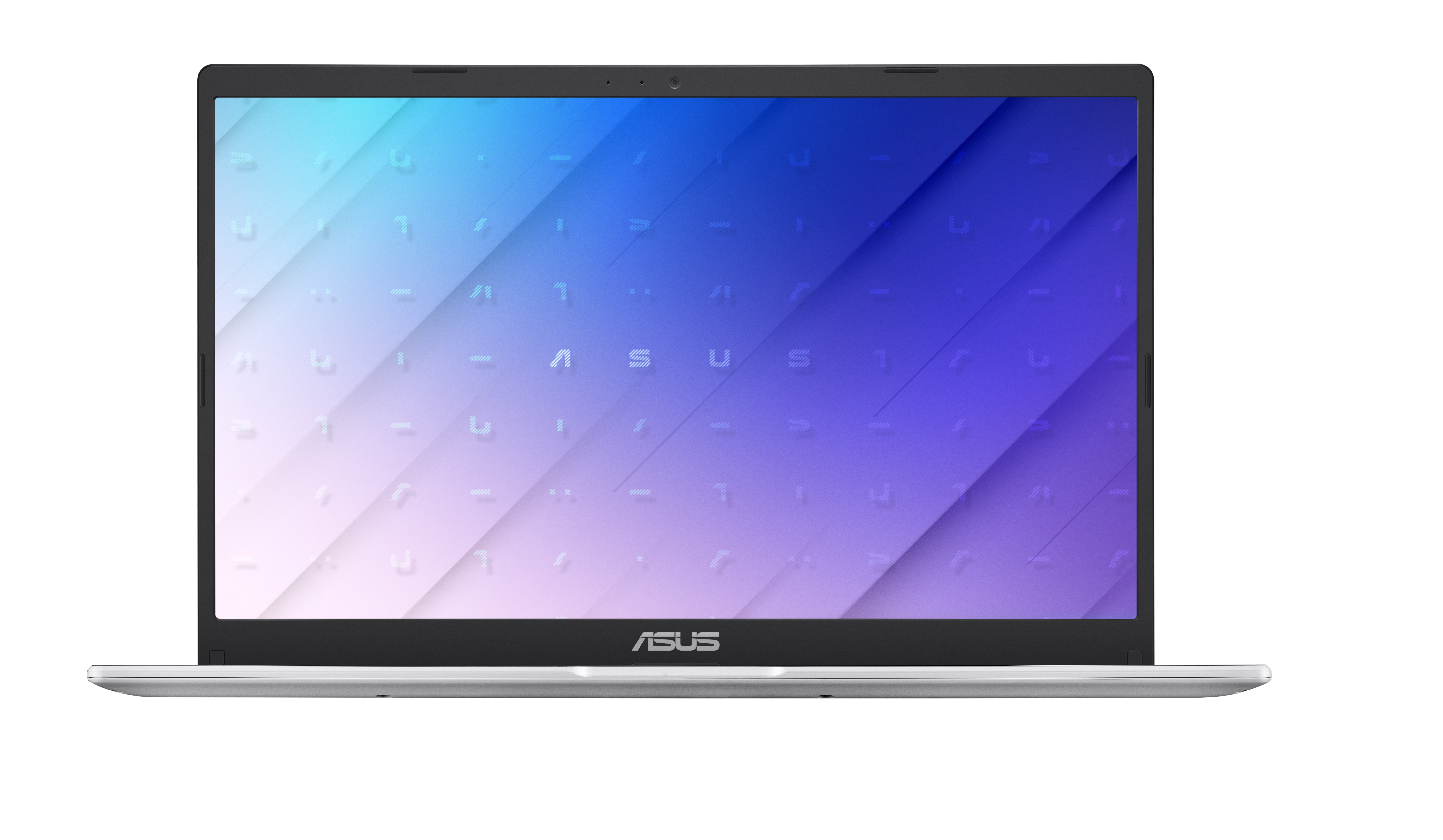 Un laptop ASUS argentato con schermo sfumato blu e viola, visto frontalmente.