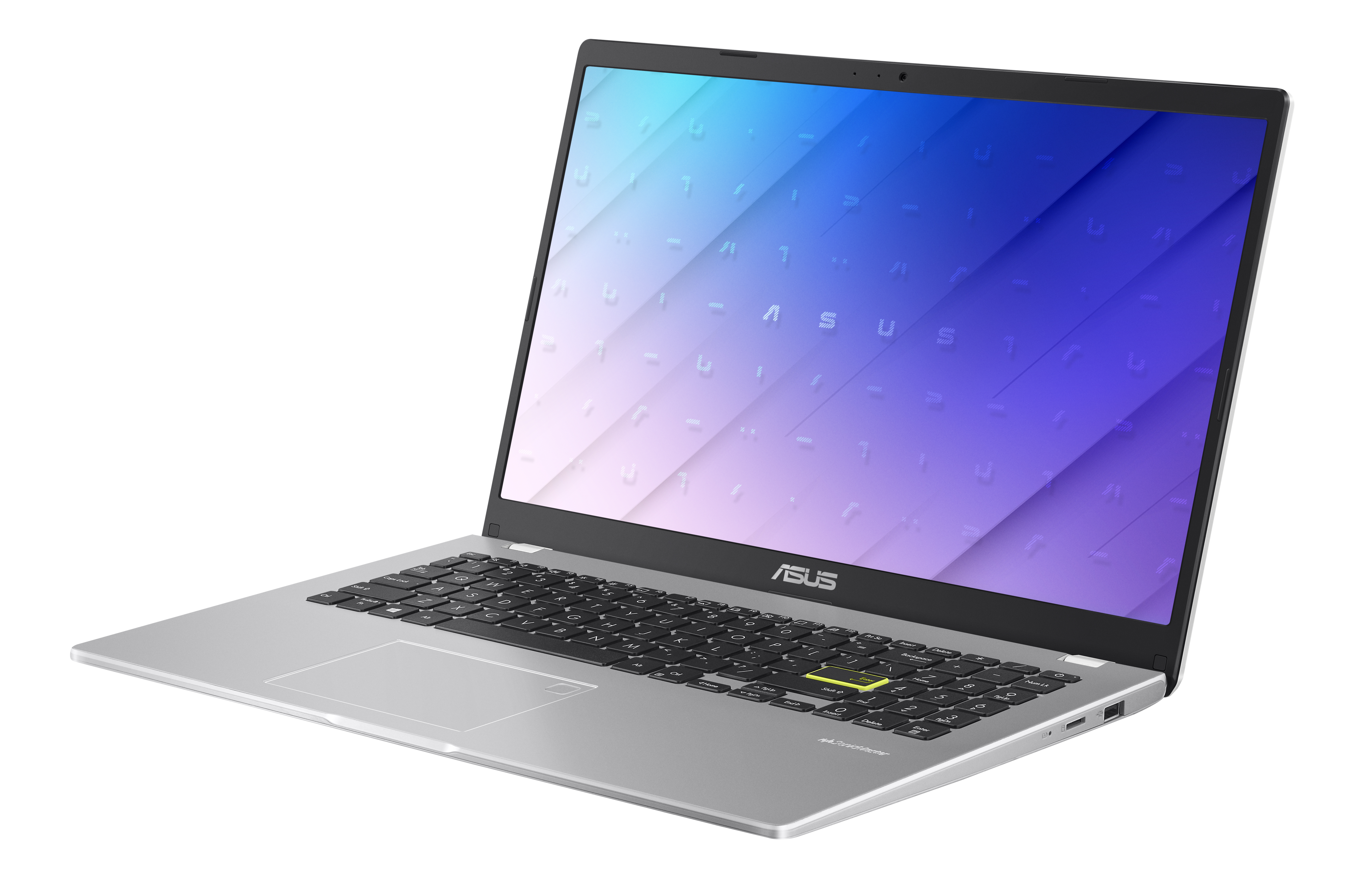 Laptop argentato con tastiera nera e schermo che mostra uno sfondo astratto e colorato.