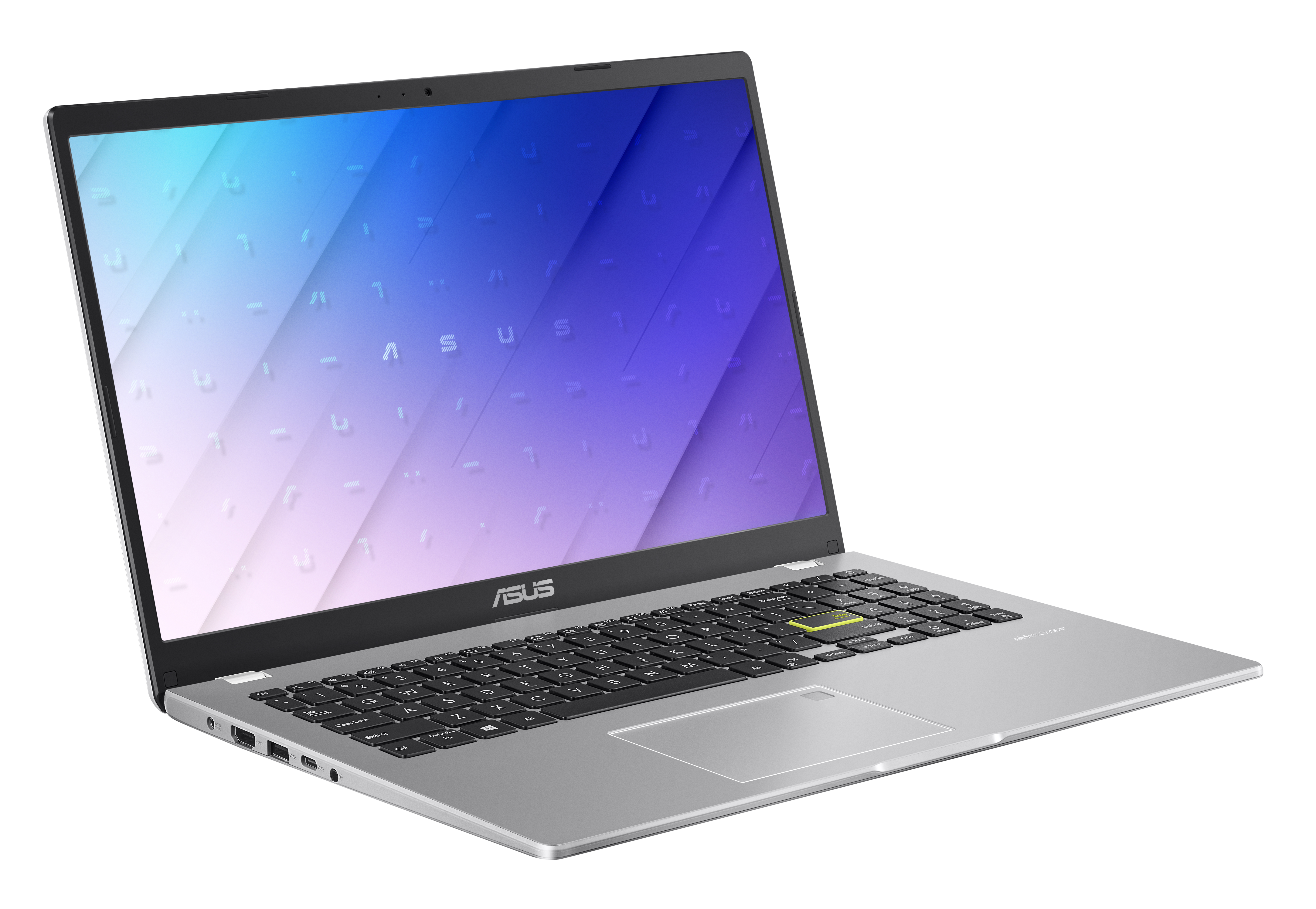 Laptop argentato su sfondo bianco. Lo schermo aperto mostra una sfumatura di blu e viola.
