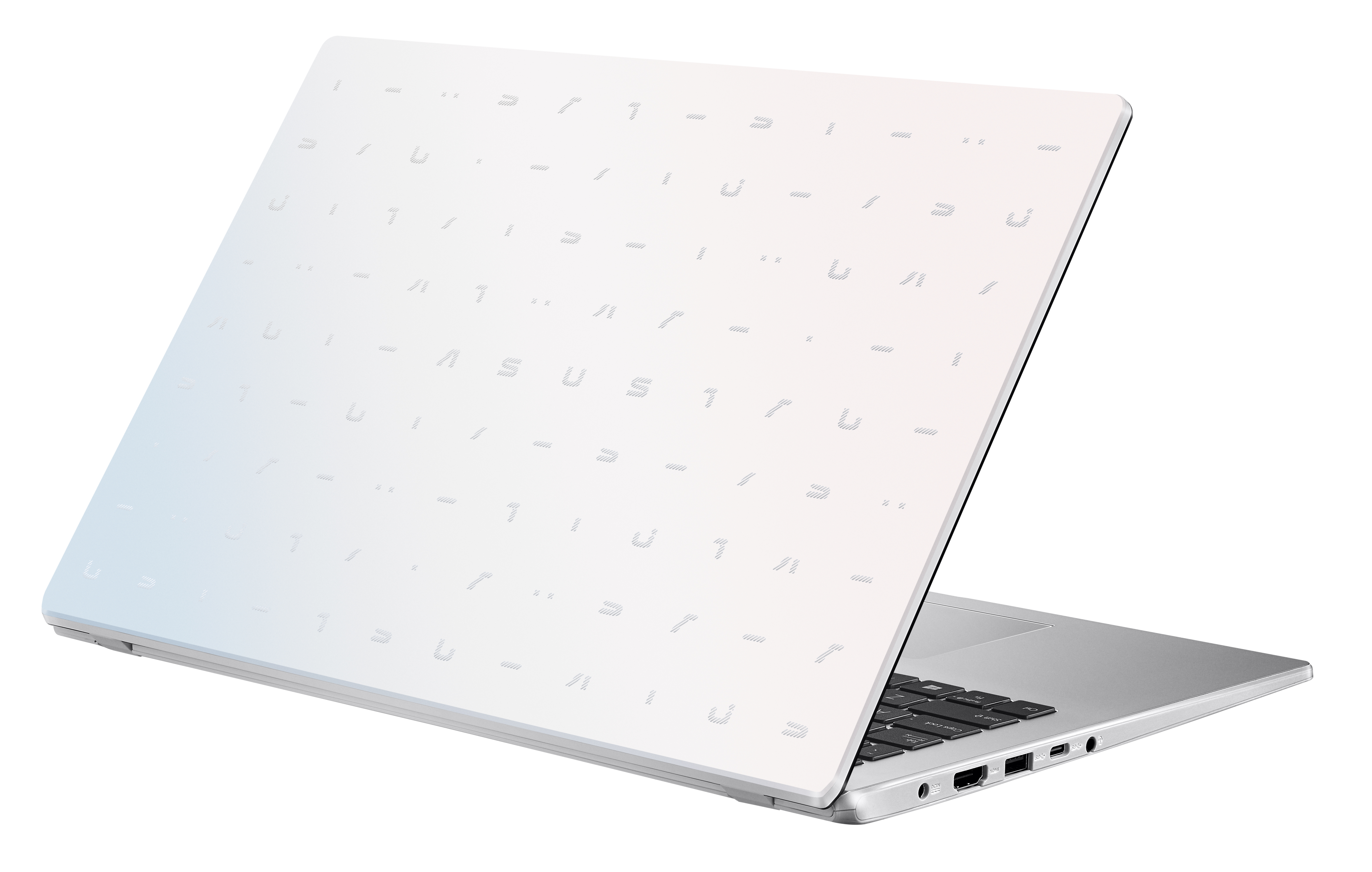 Retro di laptop bianco, vista angolata. Motivo logo ASUS, tastiera visibile. Sfondo bianco pulito.