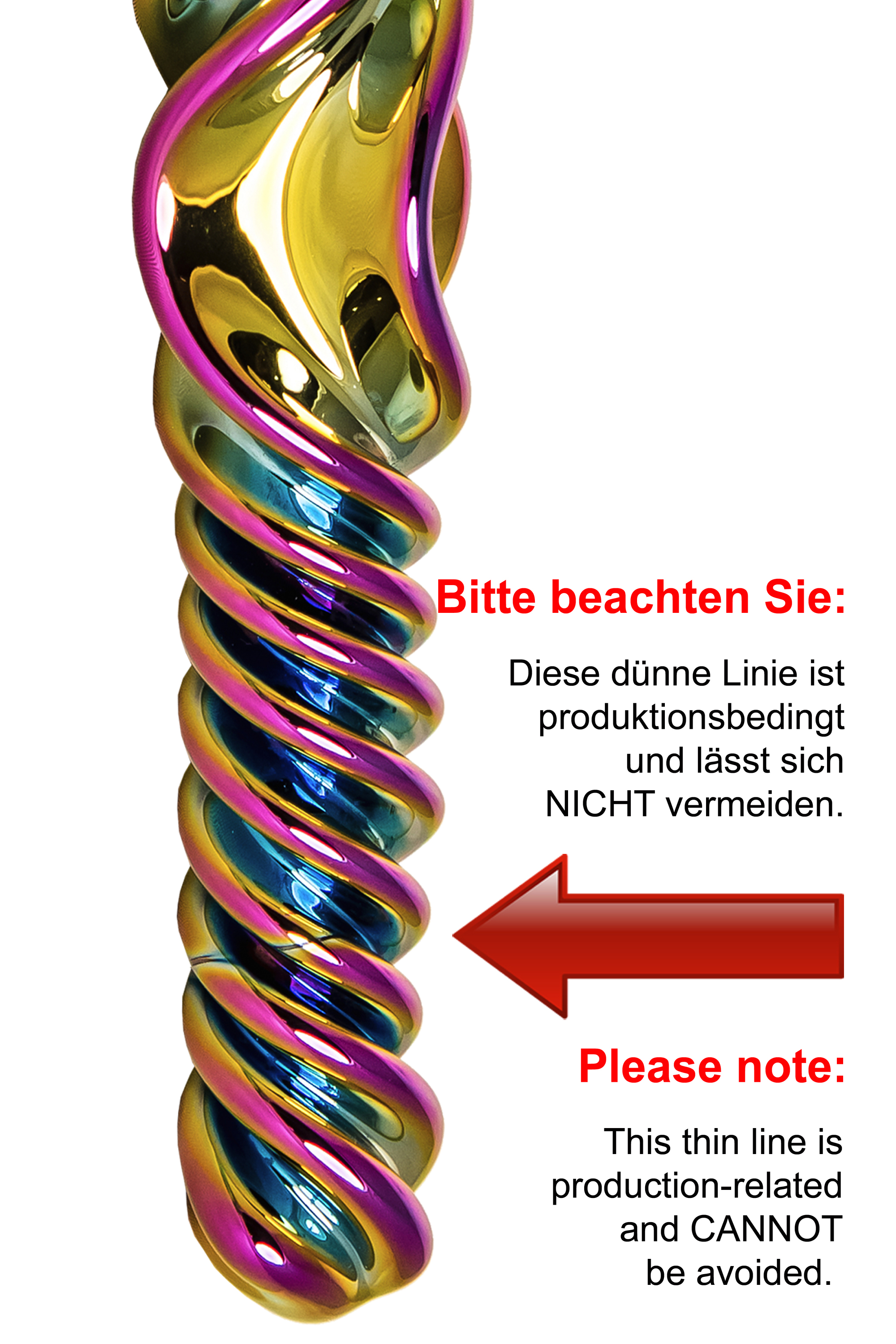 Ein mehrfarbiges, verdrehtes Metallobjekt mit deutschem Text, der darauf hinweist, dass eine dünne Linie unvermeidlich ist.