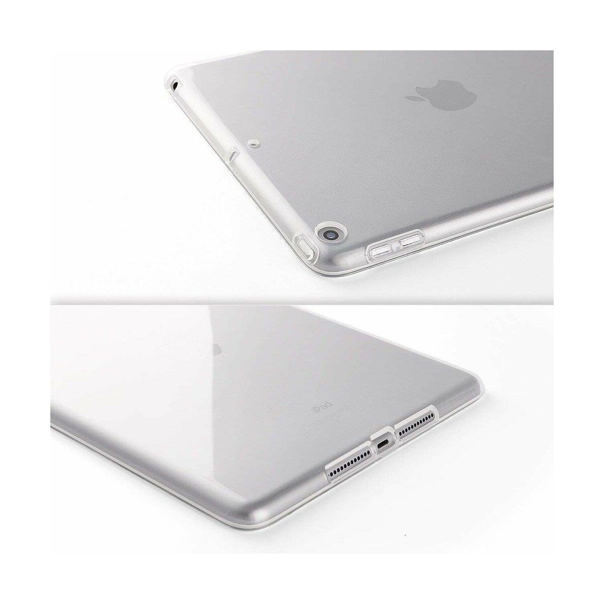 Due viste di una custodia trasparente per iPad. Una mostra il retro, l'altra l'angolo.
