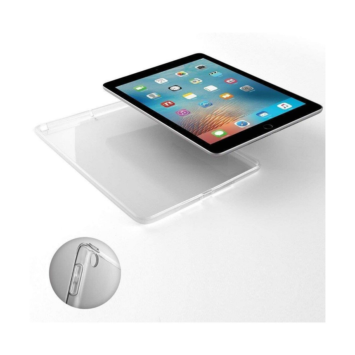 Tablet con custodia, mostra icone app, su superficie bianca, con primo piano della custodia.