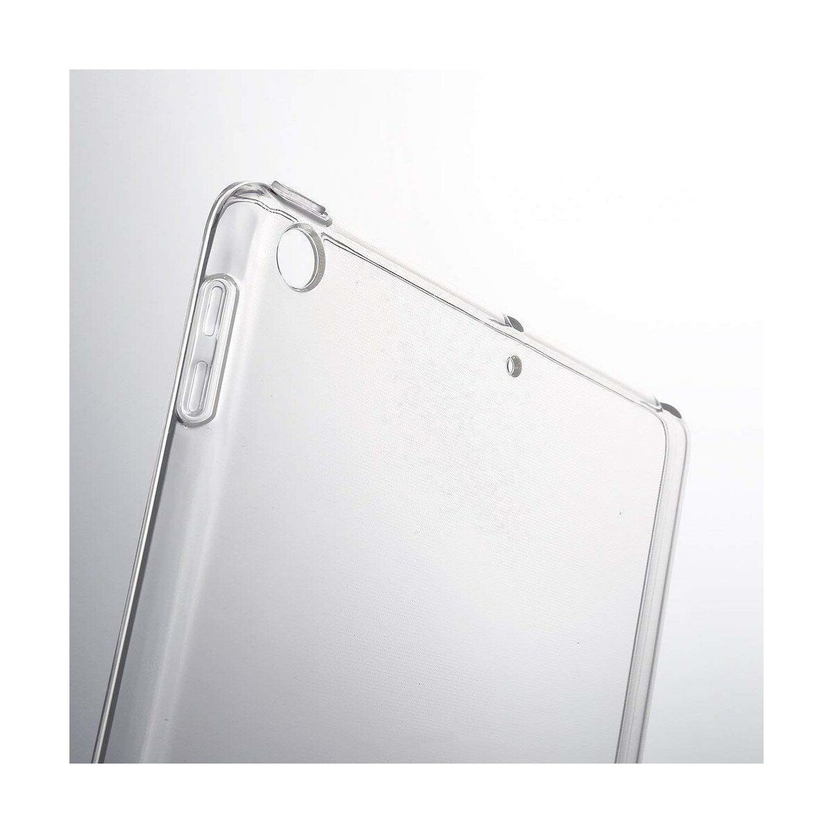 Una custodia per tablet trasparente, con un angolo visibile su sfondo bianco.