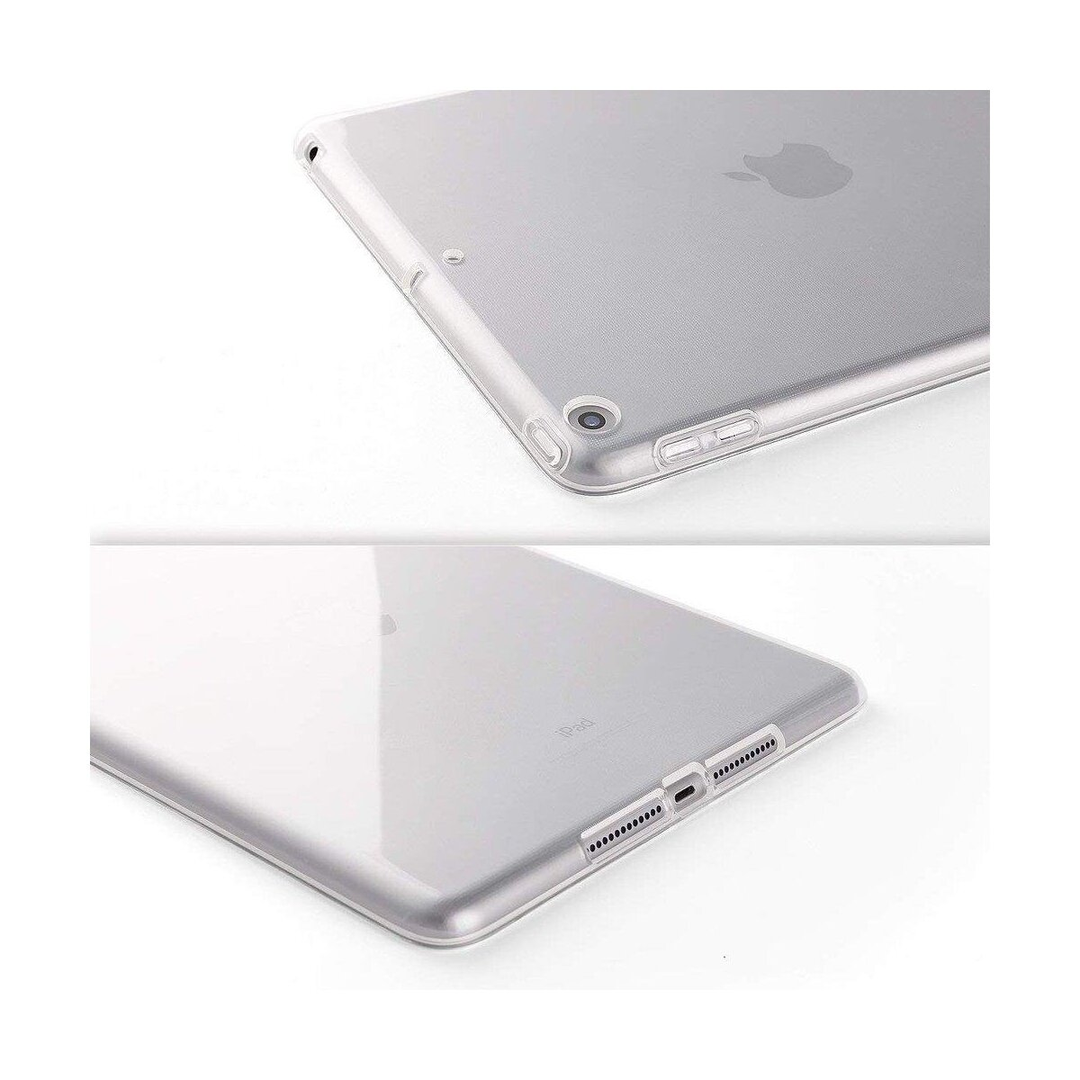Zwei transparente iPad-Hüllen gestapelt. Apple-Logo auf oberer Hülle sichtbar.
