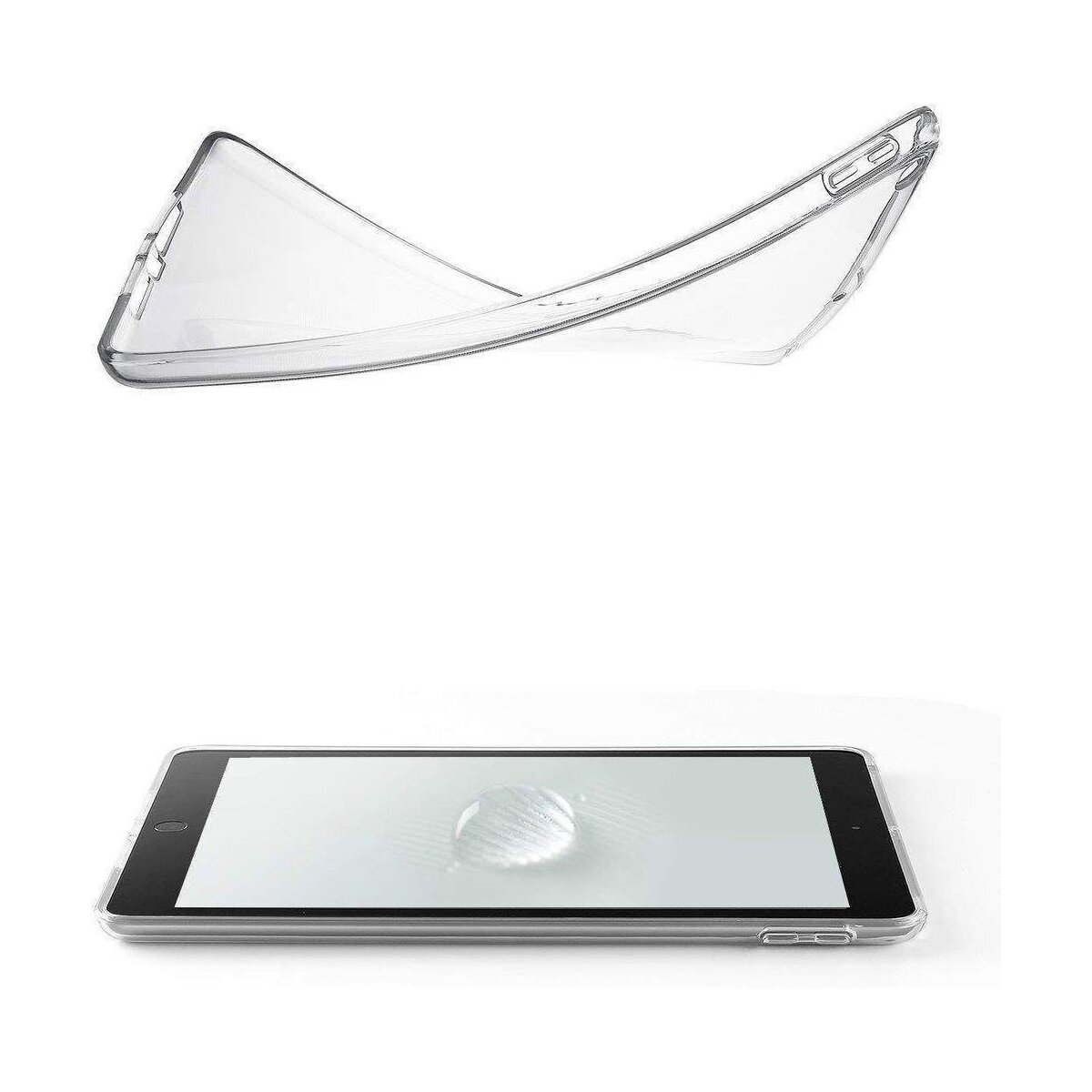 Eine transparente Handyhülle über einem Tablet, beides auf weißem Hintergrund.