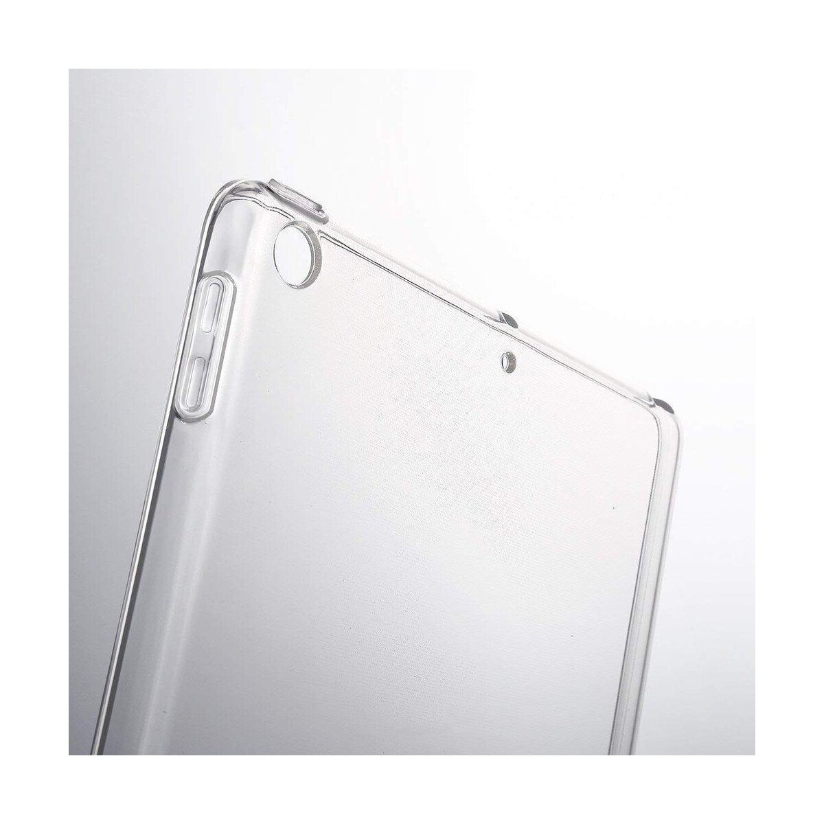 Transparente Schutzhülle, die eine Ecke eines Tablets zeigt, mit weißem Hintergrund.