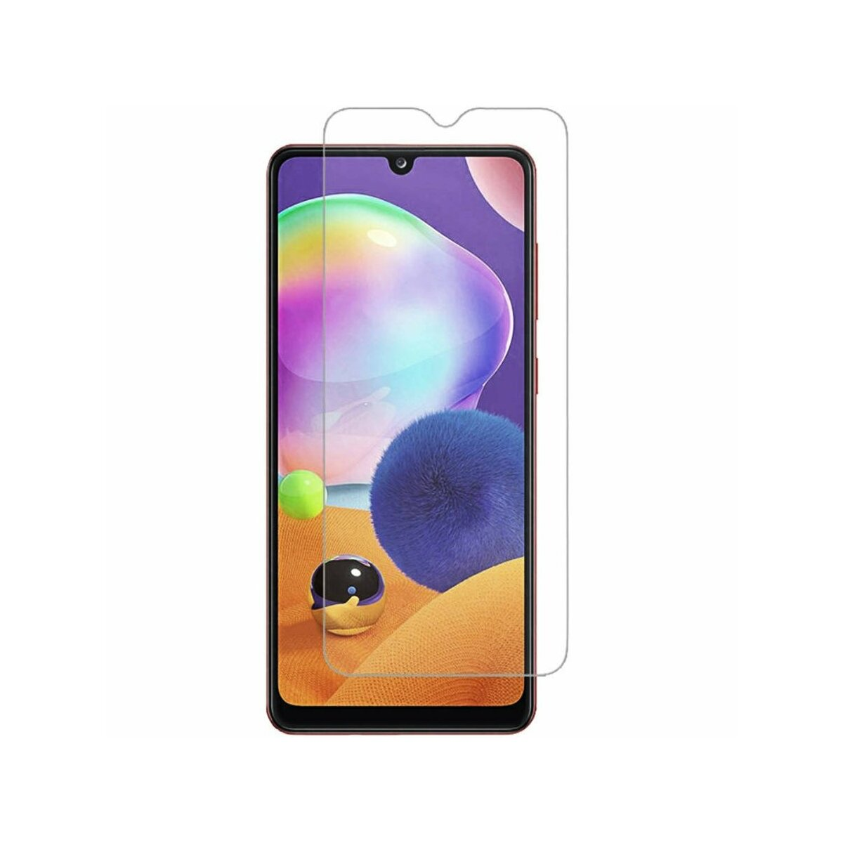 Smartphone con protezione schermo applicata. Il telefono è nero con un'immagine di sfondo colorata.