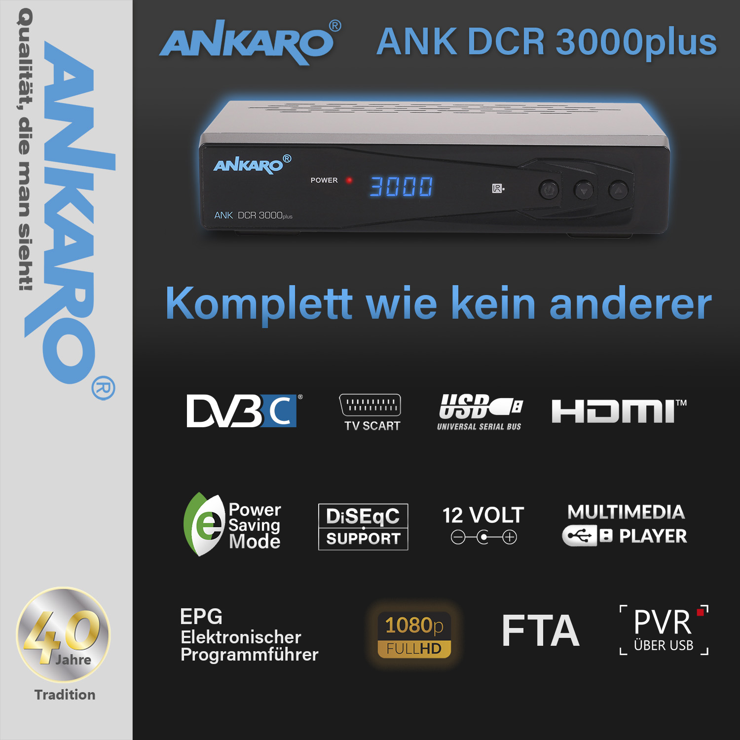 Ein schwarzer Satellitenreceiver mit Text und Symbolen, weißer Hintergrund. Der Text ist mehrsprachig.