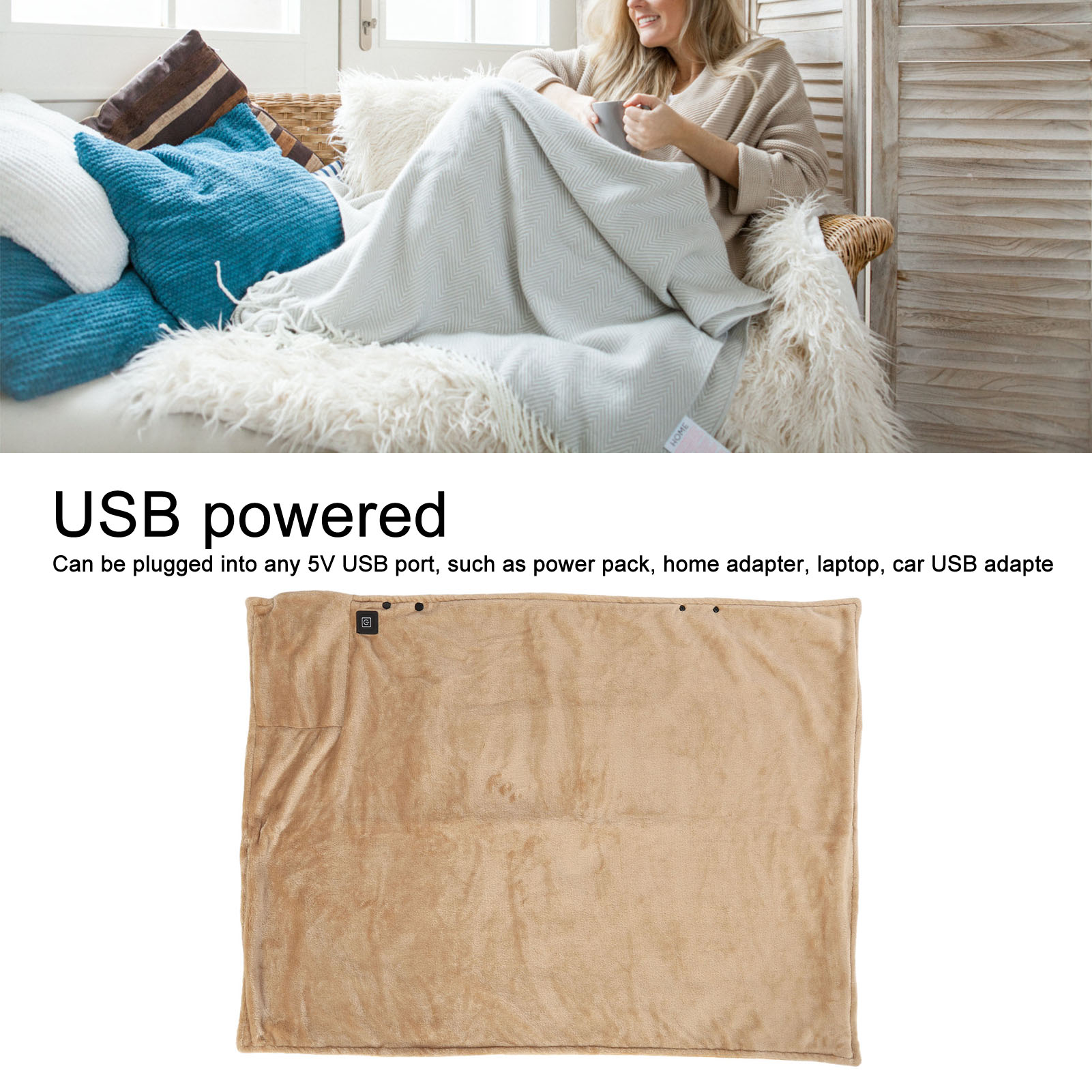 Eine Frau sitzt mit einer Decke und einem Heizkissen, mit Text: USB-betrieben.