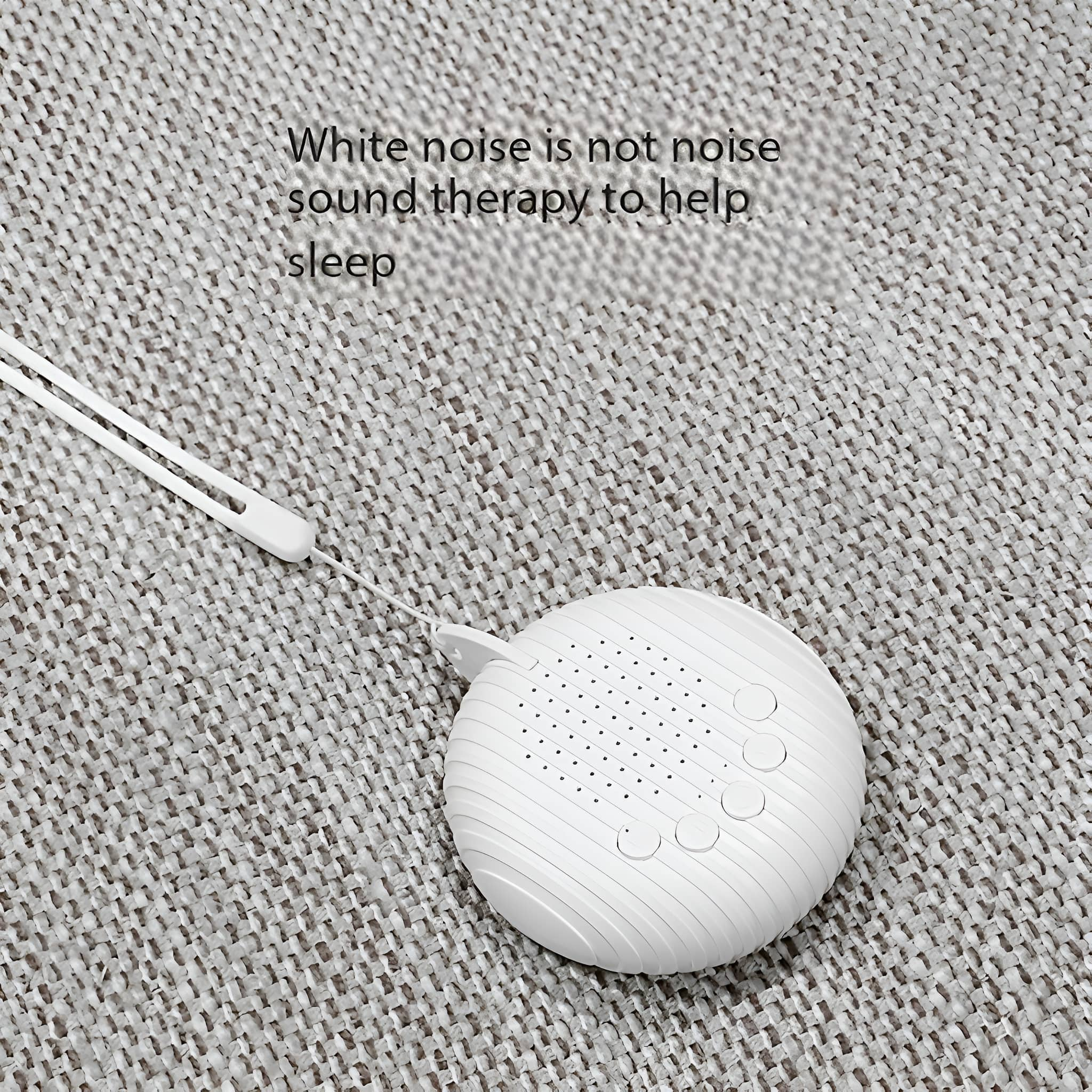 Weißes Soundtherapiegerät auf grauer Oberfläche, mit Text über weißes Rauschen.