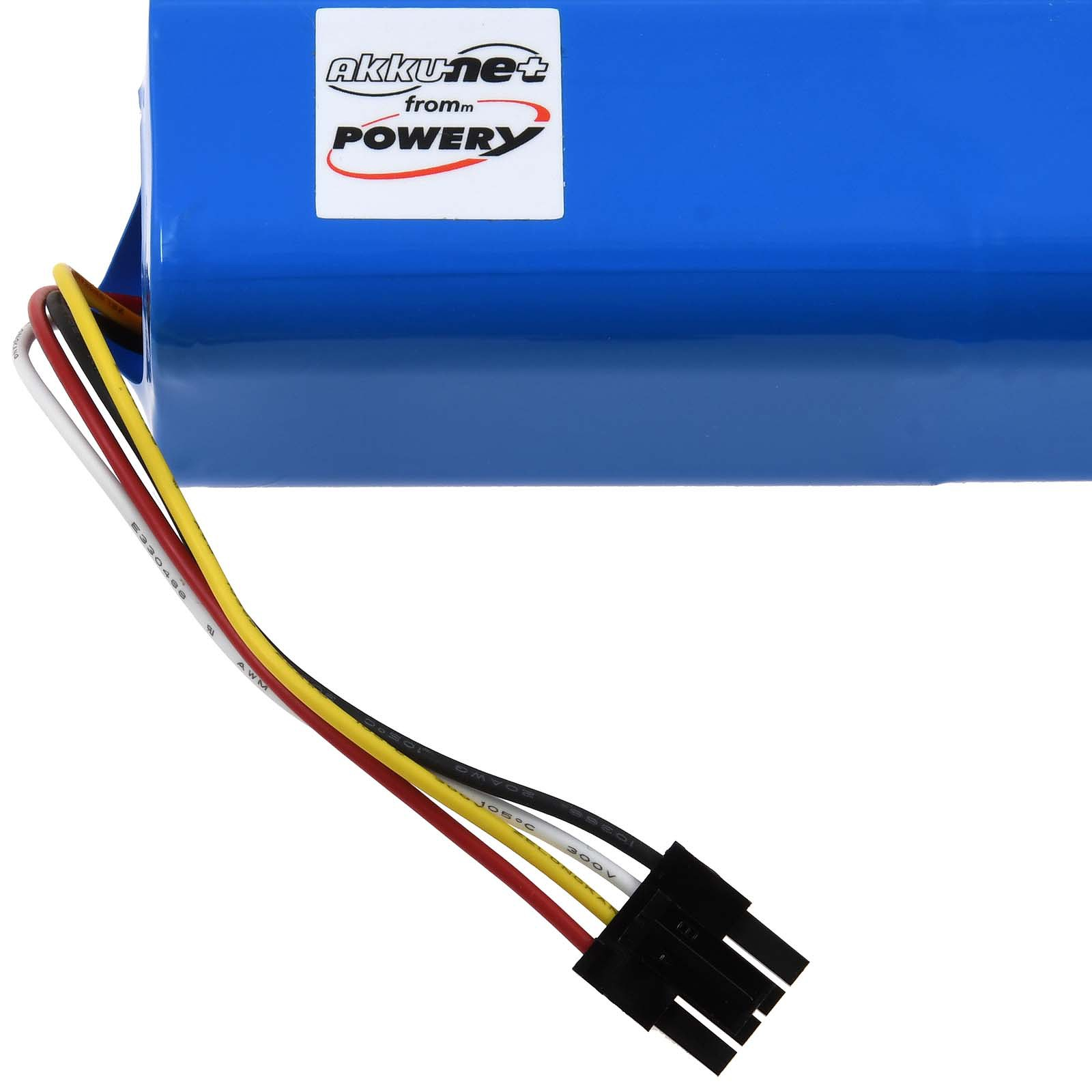 Una batería azul con cables, una etiqueta blanca con texto negro y rojo y un conector negro.