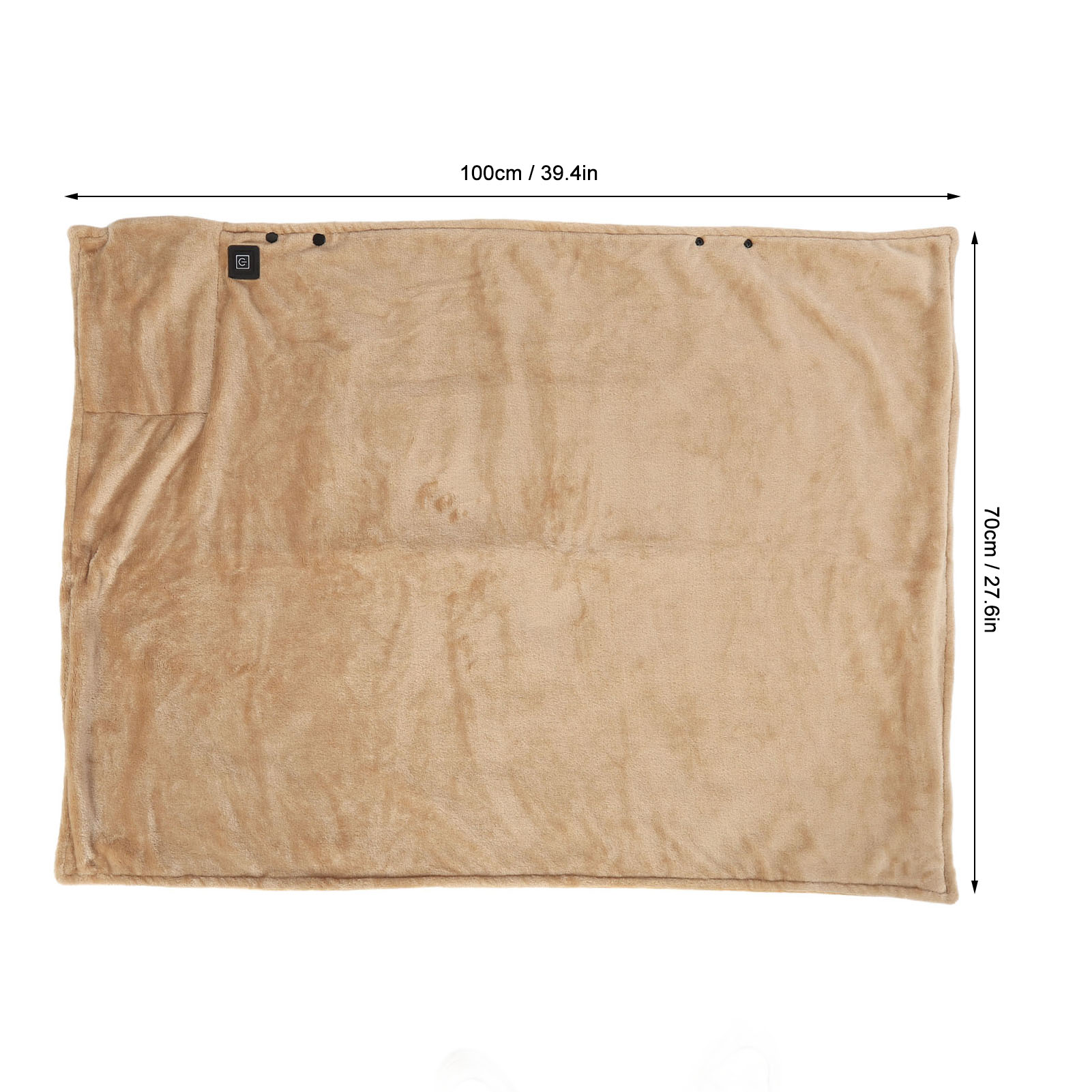 Beige Decke mit den Maßen 100cm x 70cm. Sie hat ein Stromsymbol und Knöpfe.