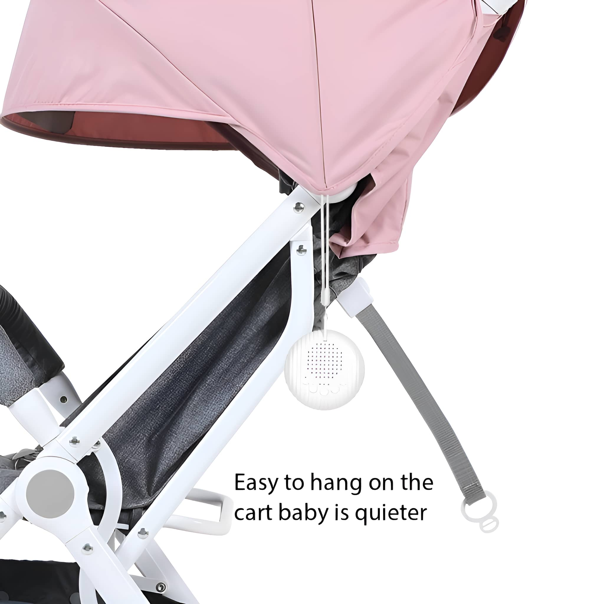 Ein Kinderwagen mit rosa Verdeck und einer weißen Soundmaschine. Der Text lautet: "Einfach am Kinderwagen zu befestigen, das Baby ist ruhiger".