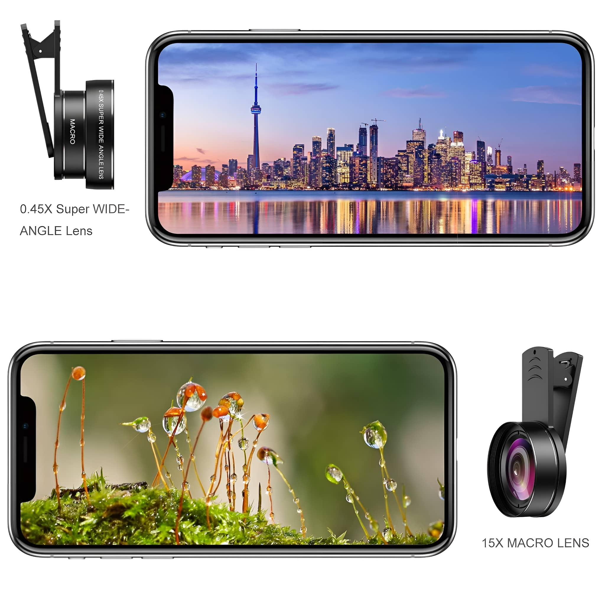 Zwei Smartphones mit Makro- und Weitwinkelobjektiven, Stadt und Natur zeigend.