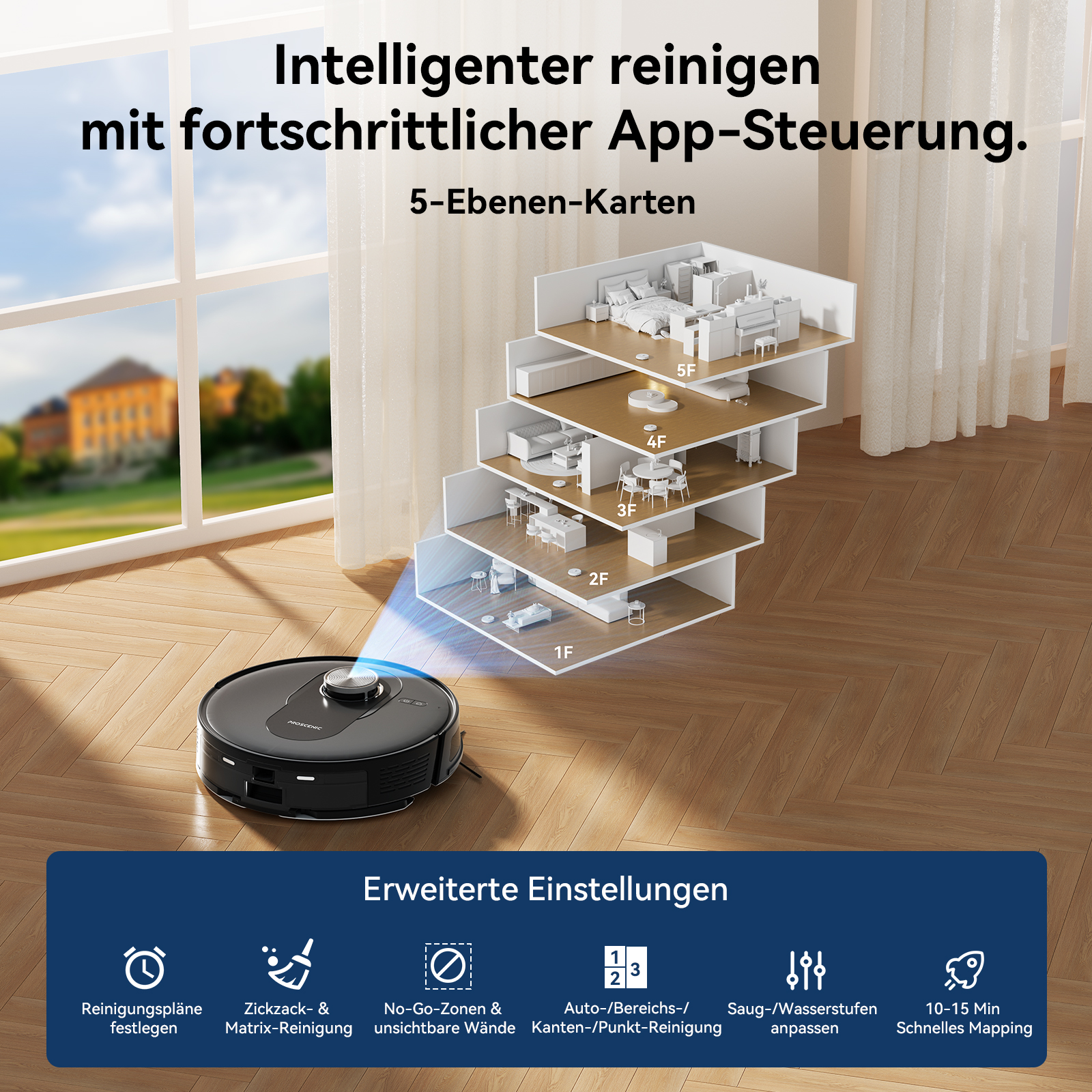 Robot aspiradora en un piso, con una pantalla de un plano de la casa y opciones de control.