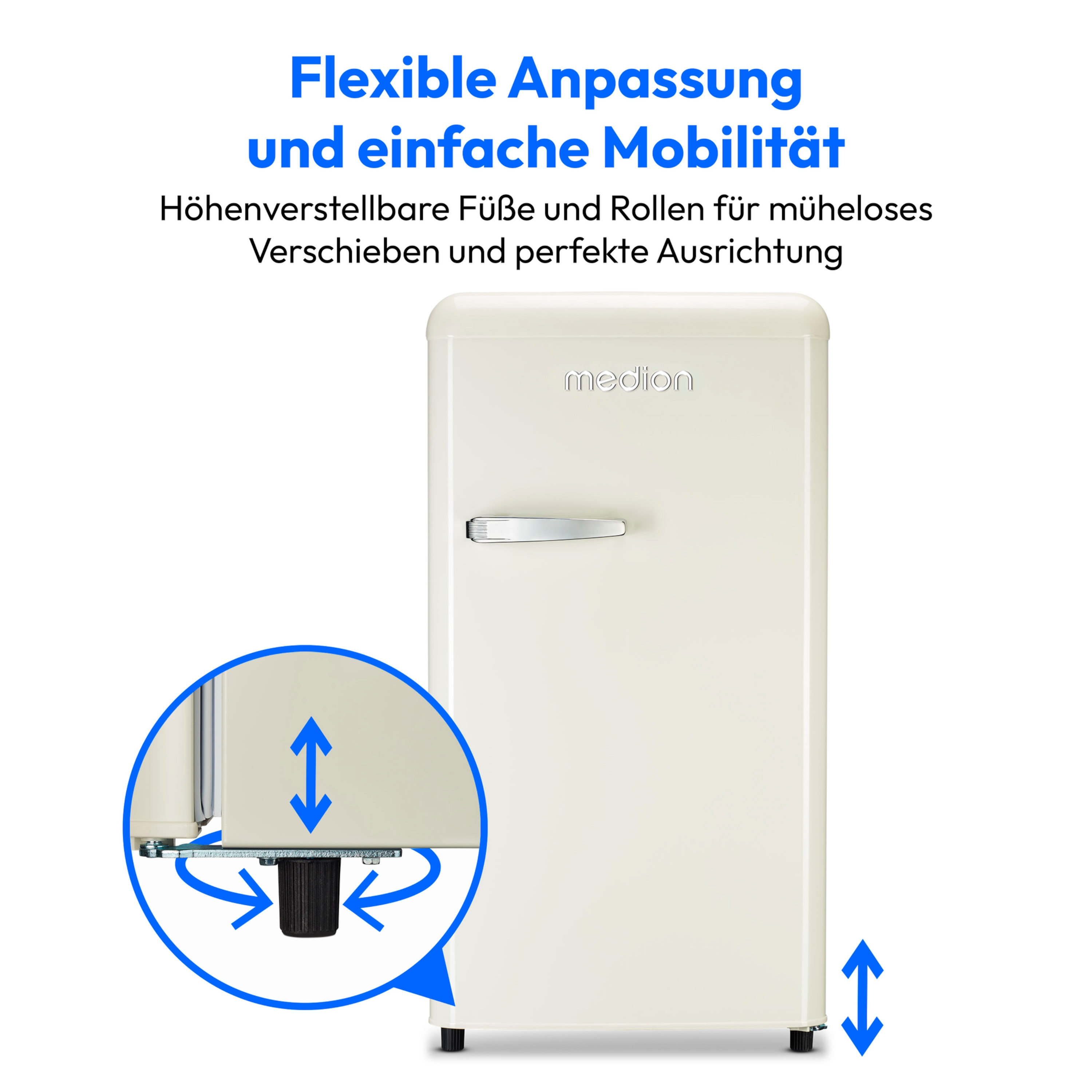 Weißer Mini-Kühlschrank mit verstellbaren Füßen und Rollen, beige Tür.
