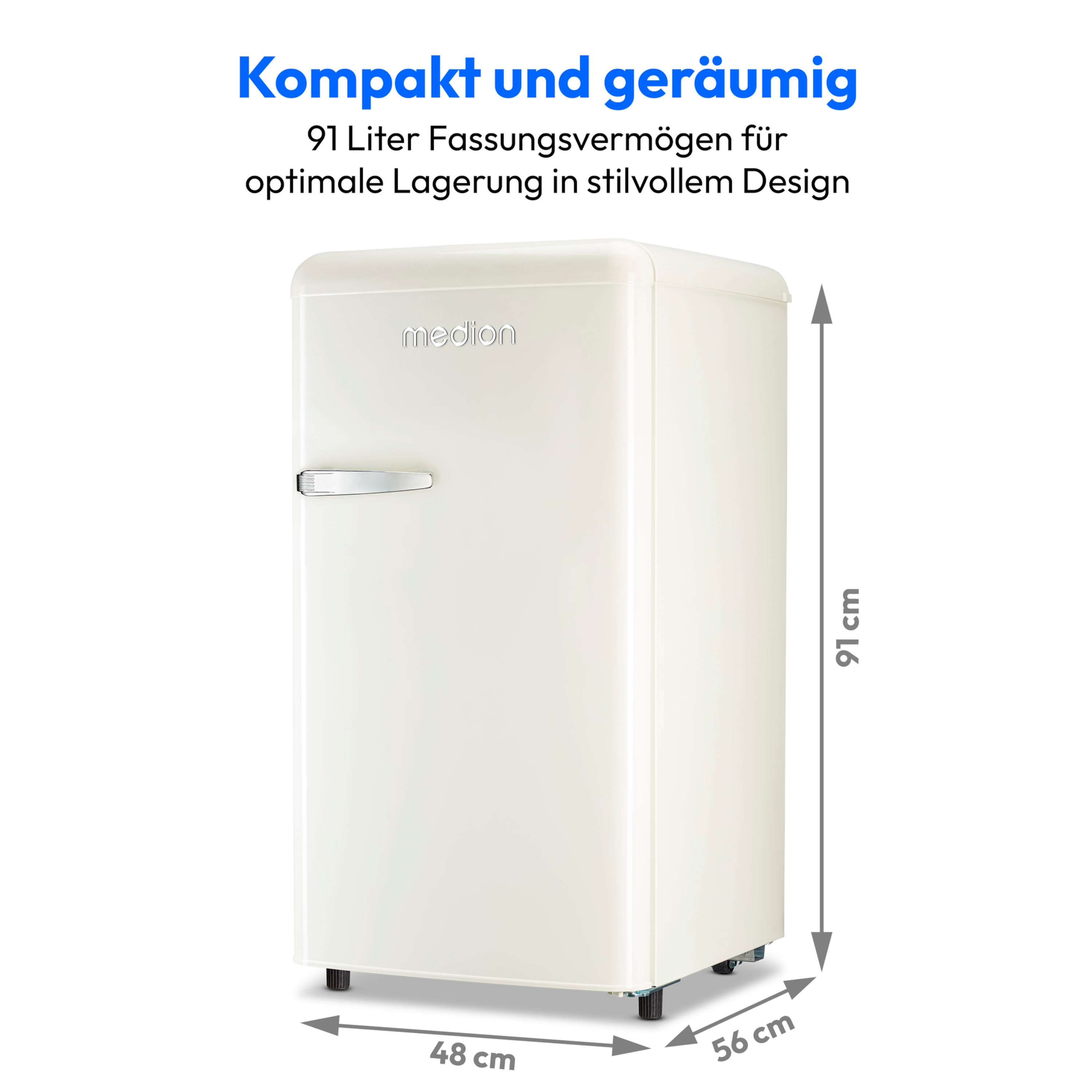 Weißer Kühlschrank mit Abmessungen. Text: Kompakt und geräumig. 91 Liter Fassungsvermögen.