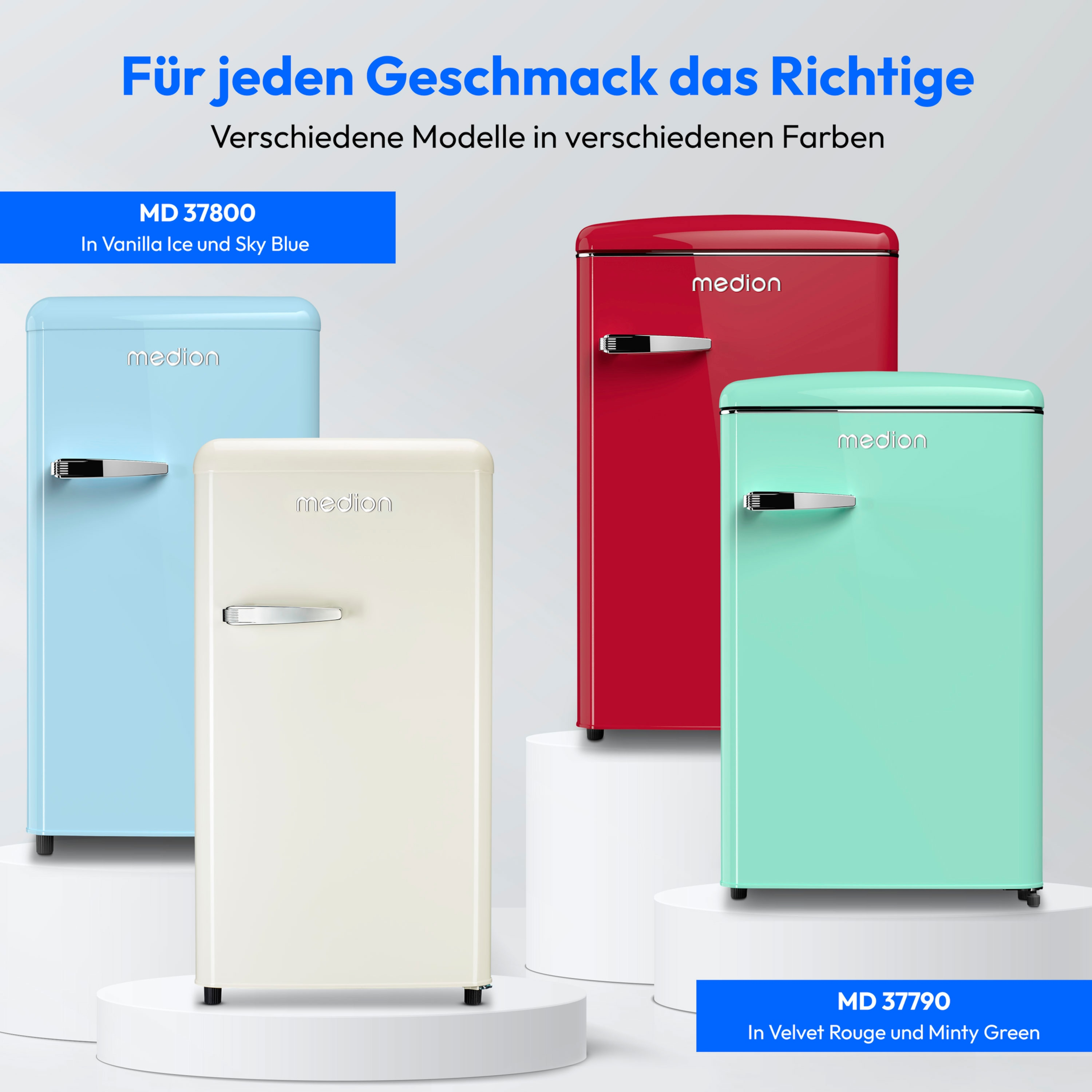 Vier farbige Mini-Kühlschränke, die verschiedene Farben und Modelle zeigen.