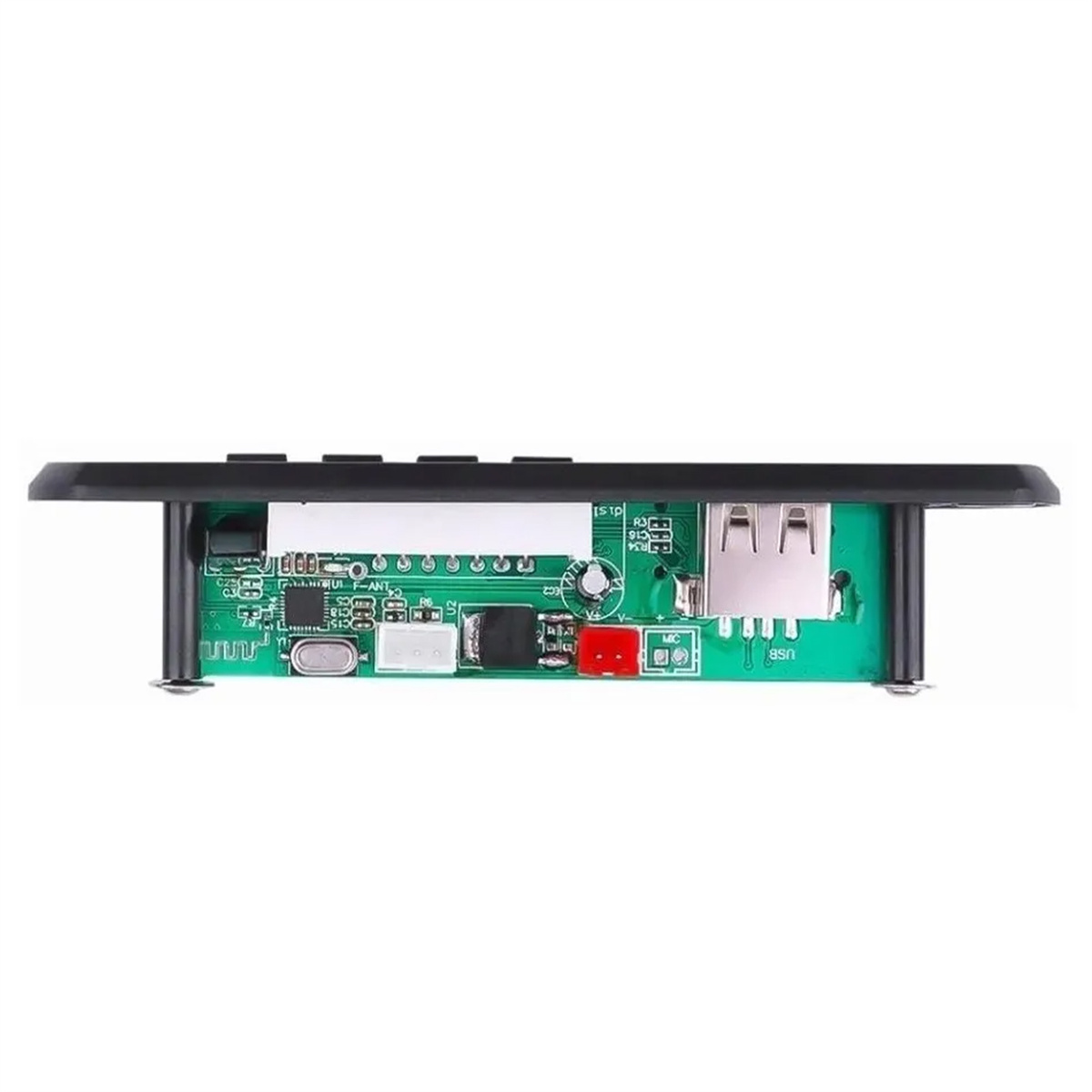Kleine grüne Leiterplatte mit elektronischen Bauteilen und Anschlüssen. USB-Anschluss sichtbar.