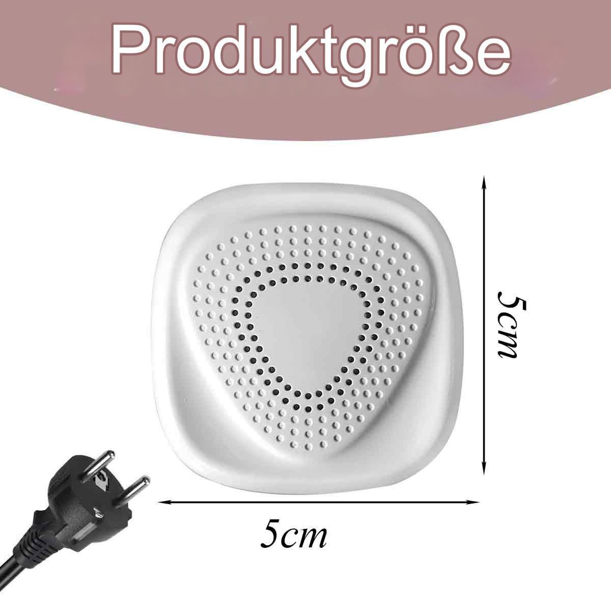 Ein weißes Gerät mit Netzstecker und Maßen.