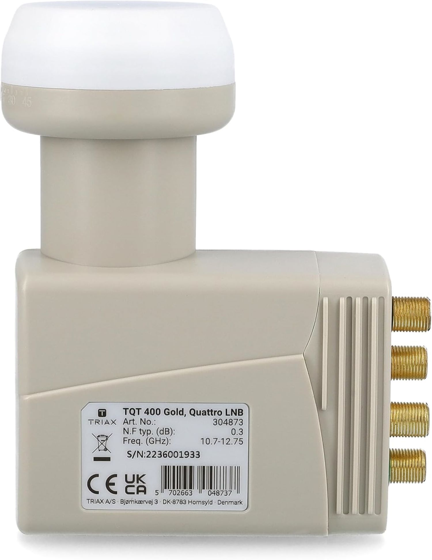Ein Satelliten-LNB-Empfänger mit Anschlüssen und einem Etikett, mit einem Creme- und Weißfarbschema.