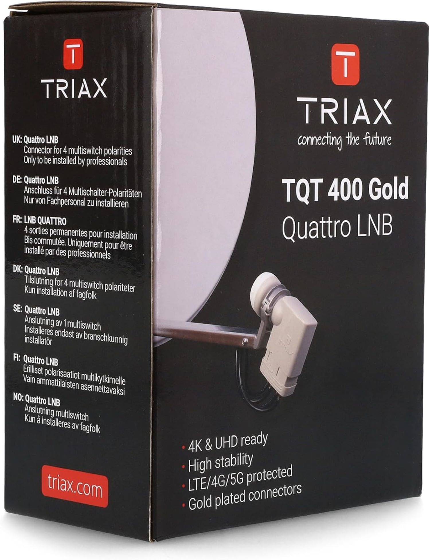 Box mit einem Satellitenempfänger. Es zeigt den Empfänger und eine Satellitenschüssel. Text sagt: TQT 400 Gold Quattro LNB.
