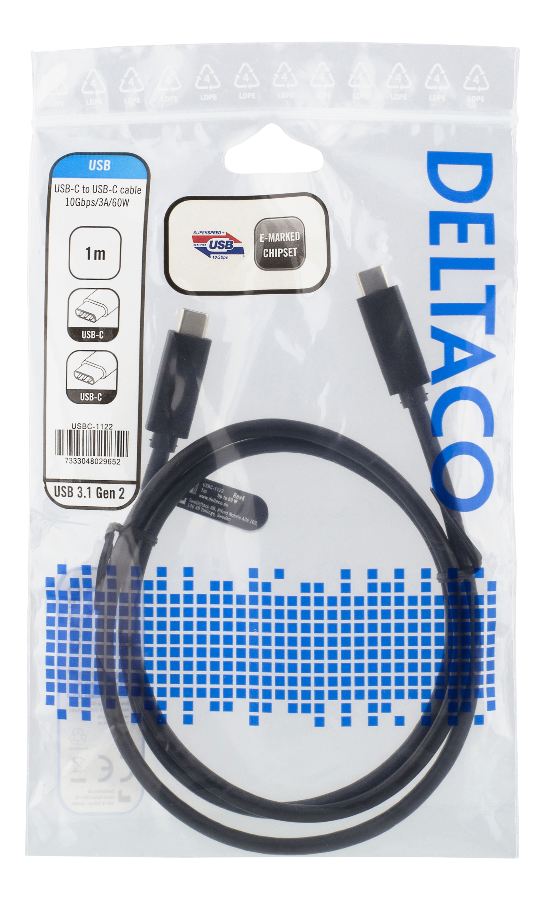 USB-C naar USB-C kabel, zwart, in een plastic verpakking, met details.