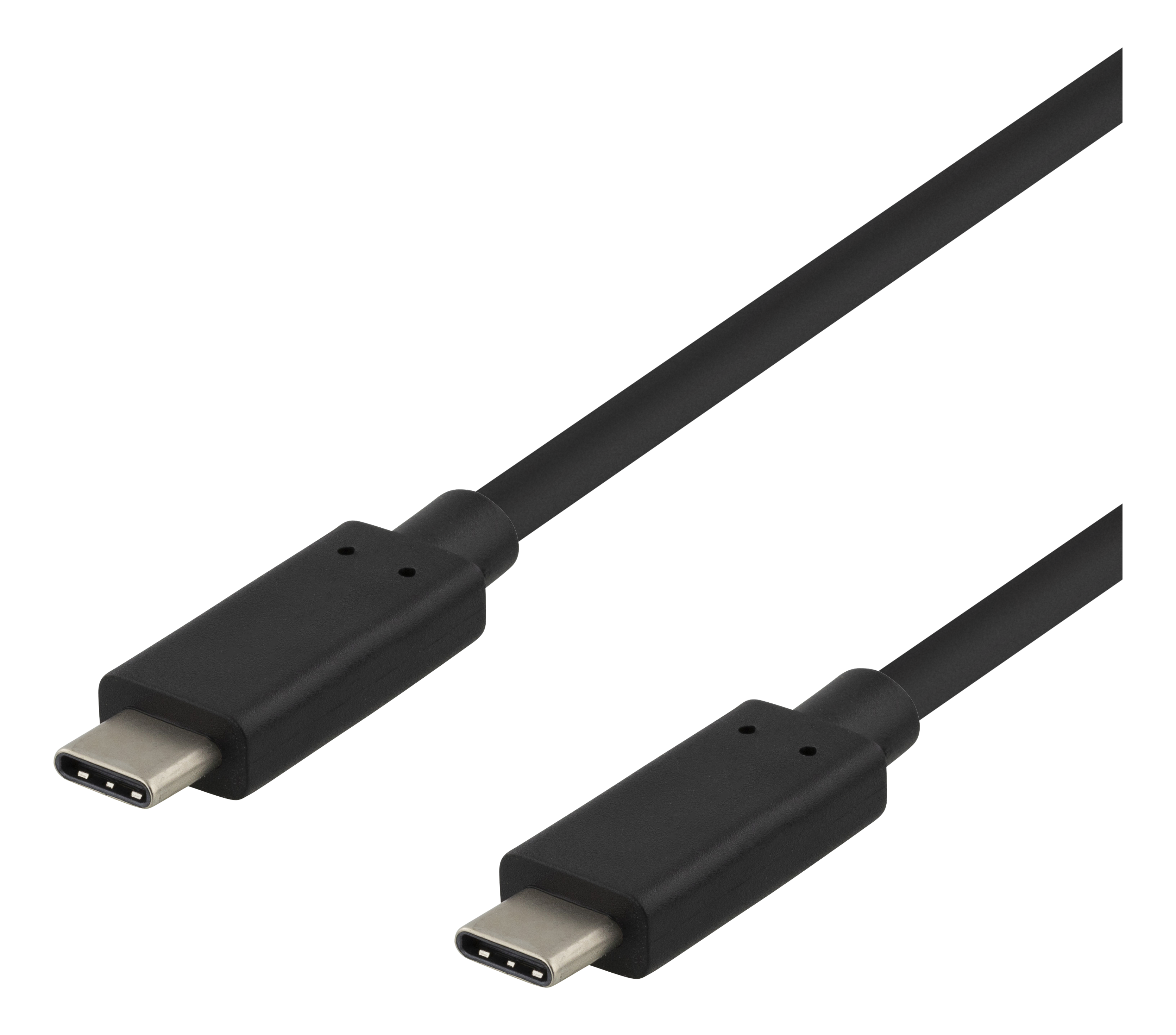 Zwarte USB-C kabels tegen een zwarte achtergrond. De kabels zijn aangesloten en onder een hoek.