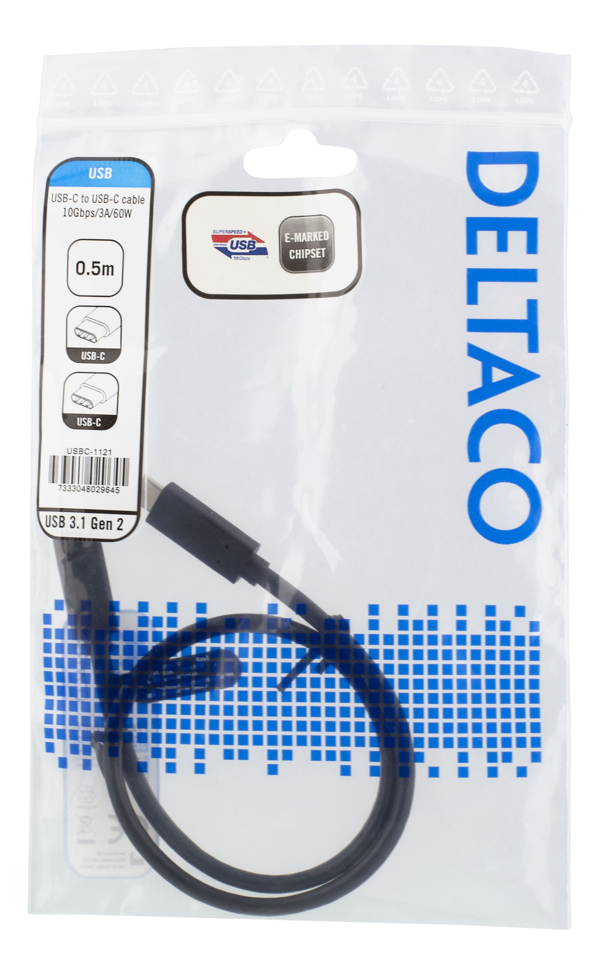 USB-C to USB-C cable in a transparent plastic package with text.