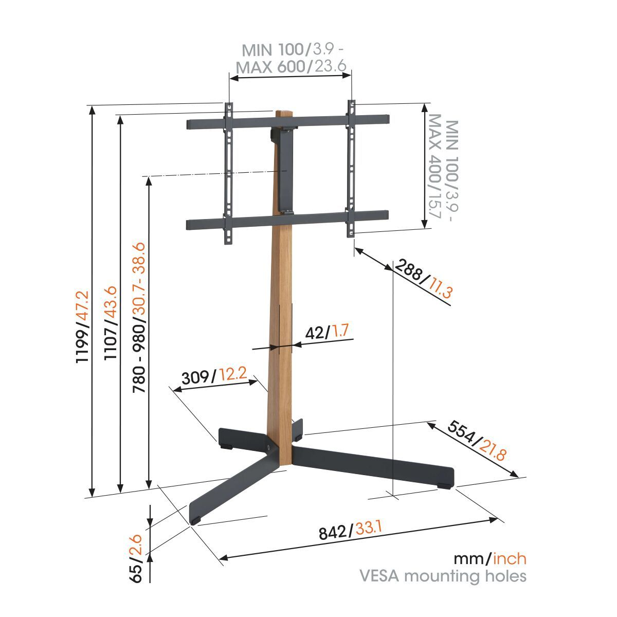Technical drawing of a TV stand with dimensions. It is black and brown with measurements.