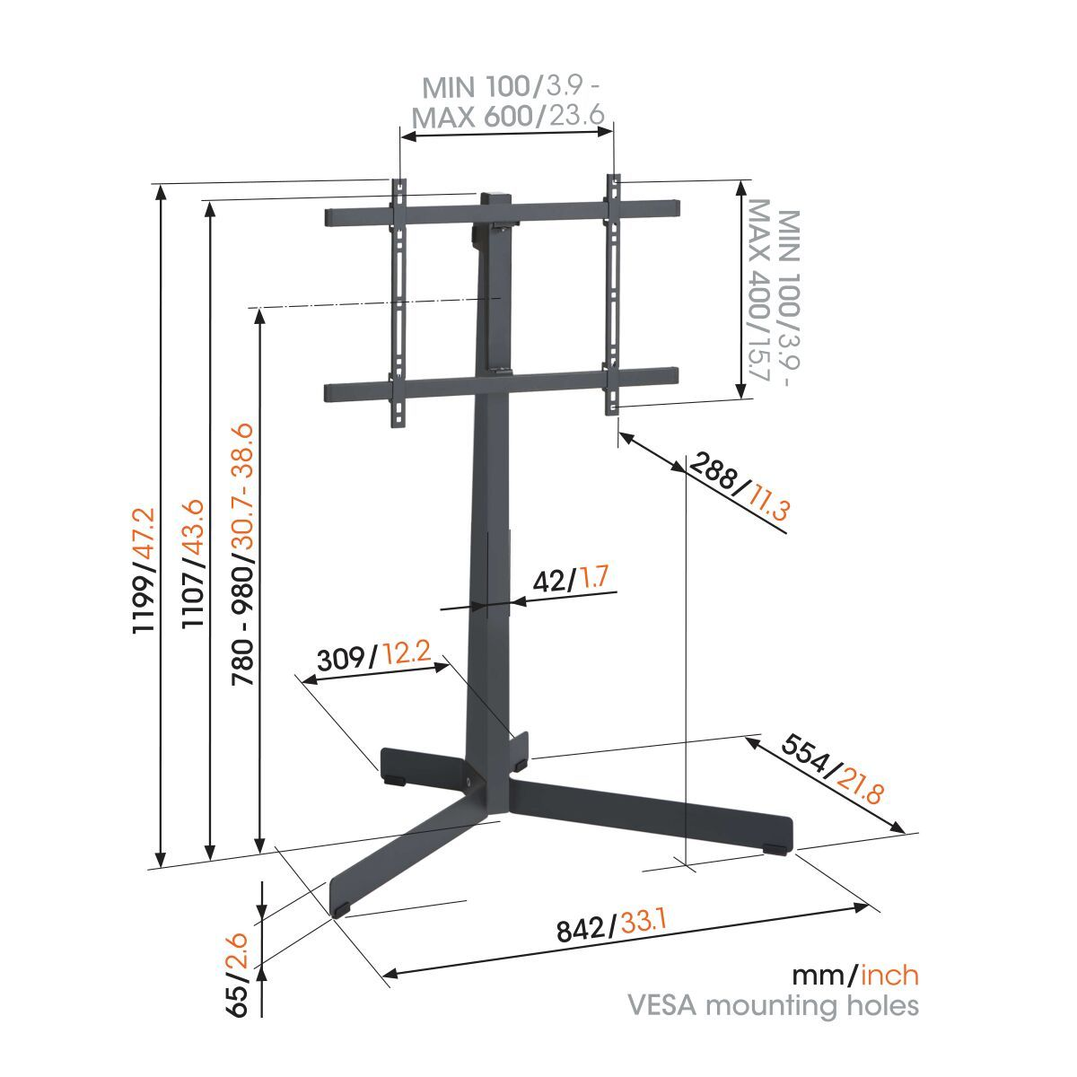 A TV stand with measurements. Black, metal, and adjustable.
