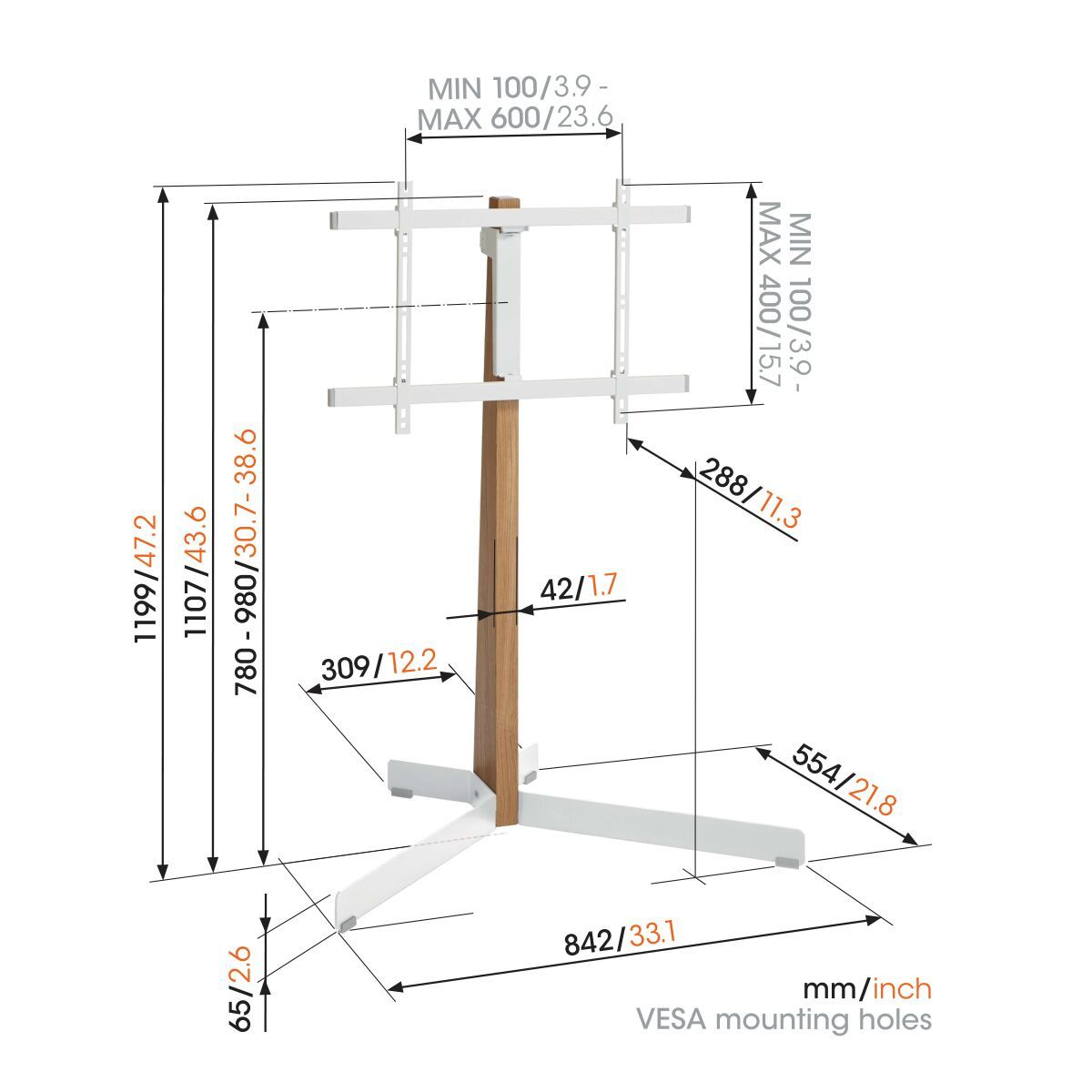 Stojak pod telewizor z wymiarami. Biały stojak, drewniany słupek, wymiary w mm/calach. Białe tło.