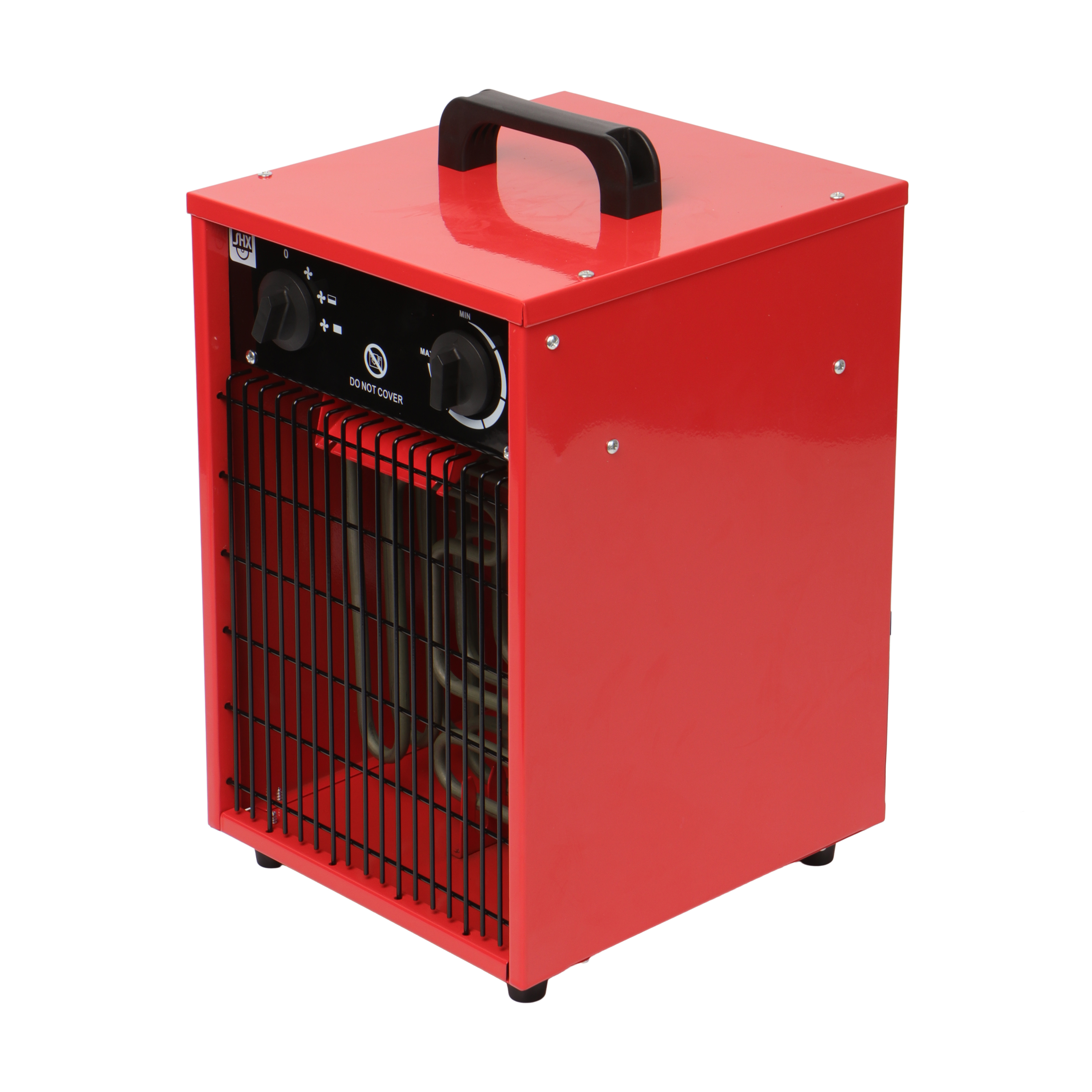Ein roter Elektroheizer. Er hat Bedienelemente, einen Griff und ein Warnschild.