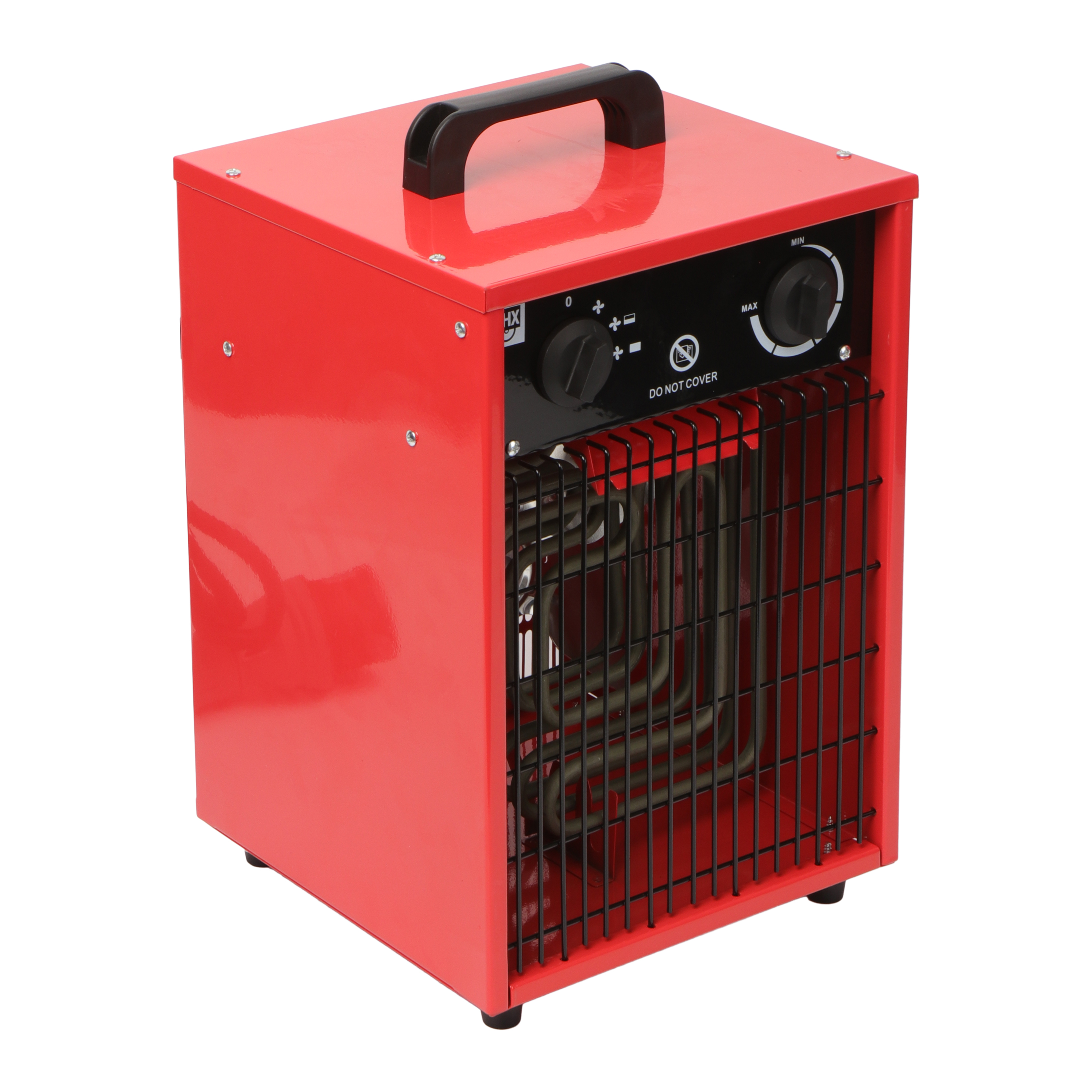 Roter elektrischer Heizlüfter mit Griff, schwarzem Gitter und Bedienknöpfen. Weißer Hintergrund.