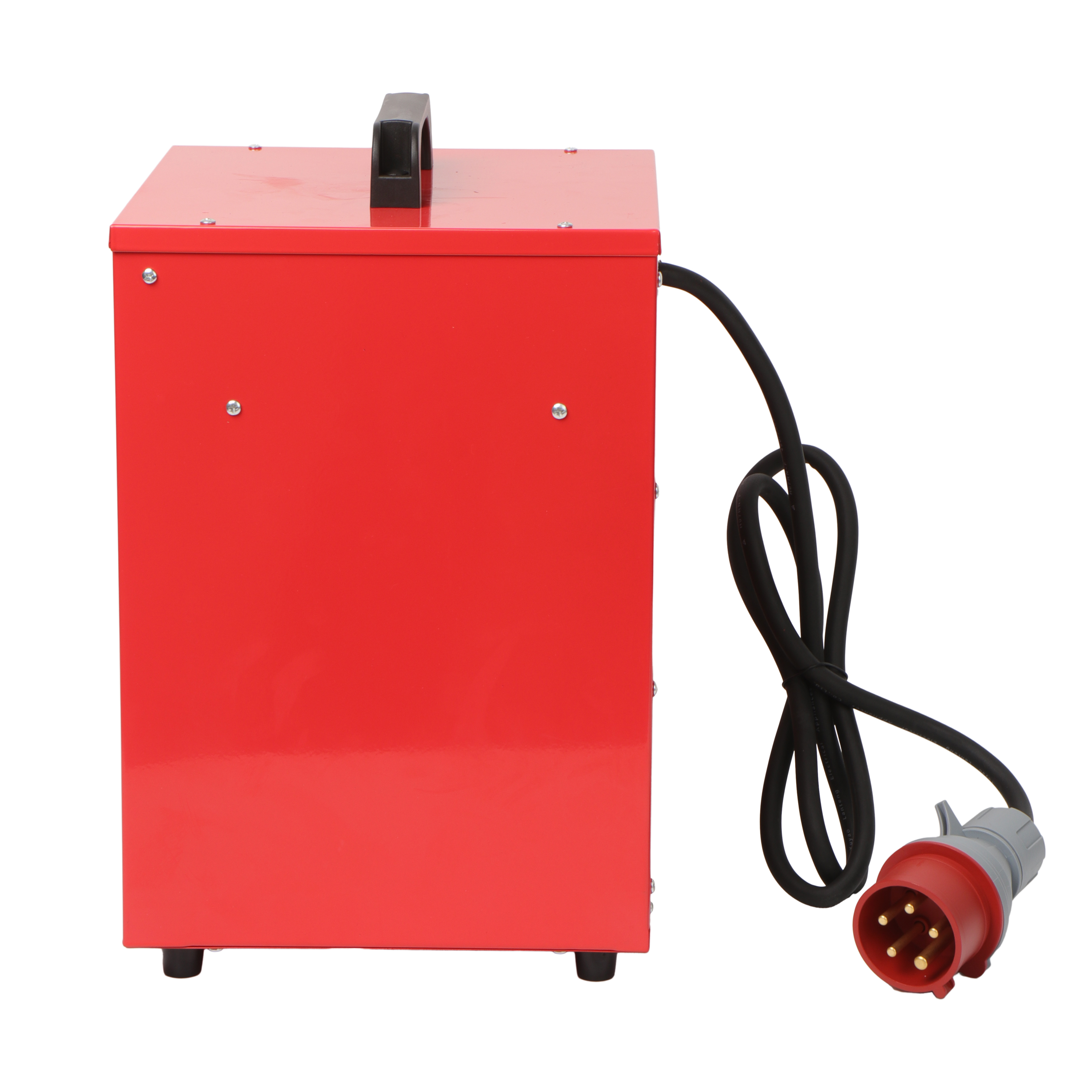 Ein rotes Elektrogerät mit schwarzem Griff, einem schwarzen Kabel und einem grauen Stecker.