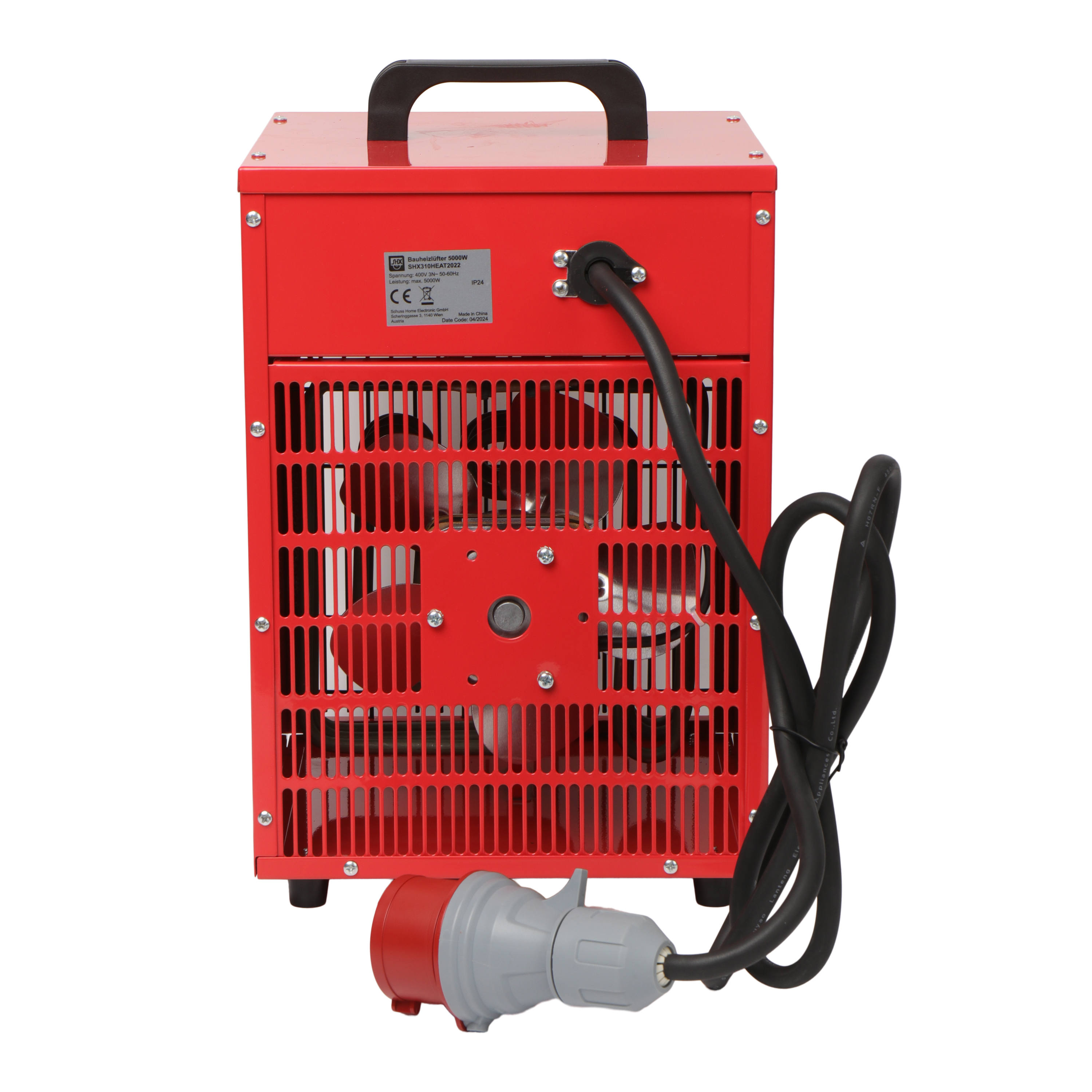 Eine rote Elektroheizung mit Ventilator und Netzkabel auf weißem Hintergrund.