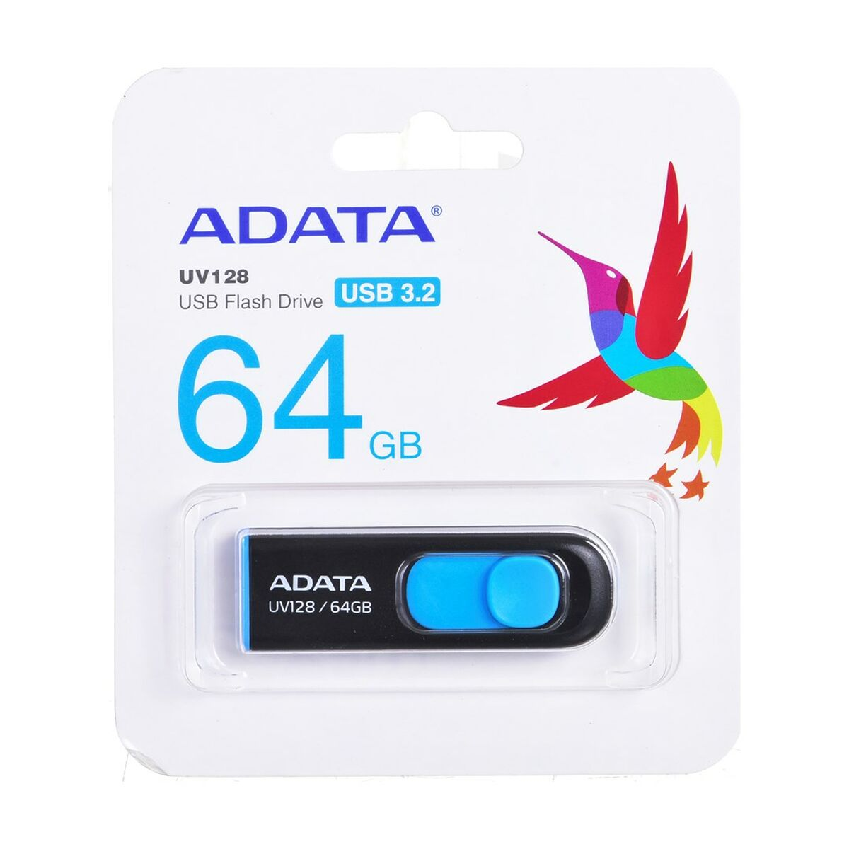 ADATA 64GB USB w opakowaniu. Czarny i niebieski pendrive, z kolorowym obrazem kolibra.