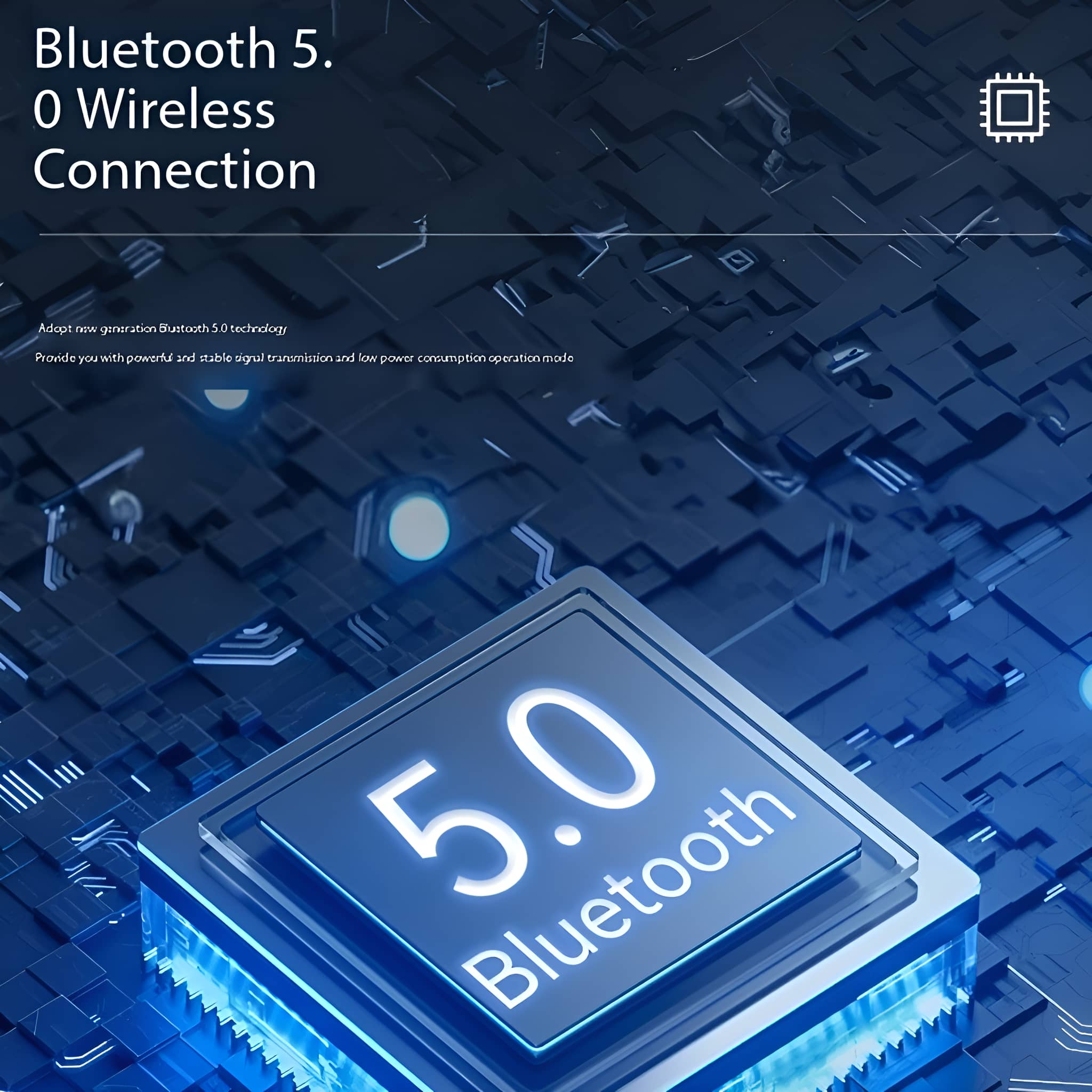 Technik-Visual mit Bluetooth 5.0-Symbol und Text, das eine drahtlose Verbindung und digitale Grafiken zeigt.