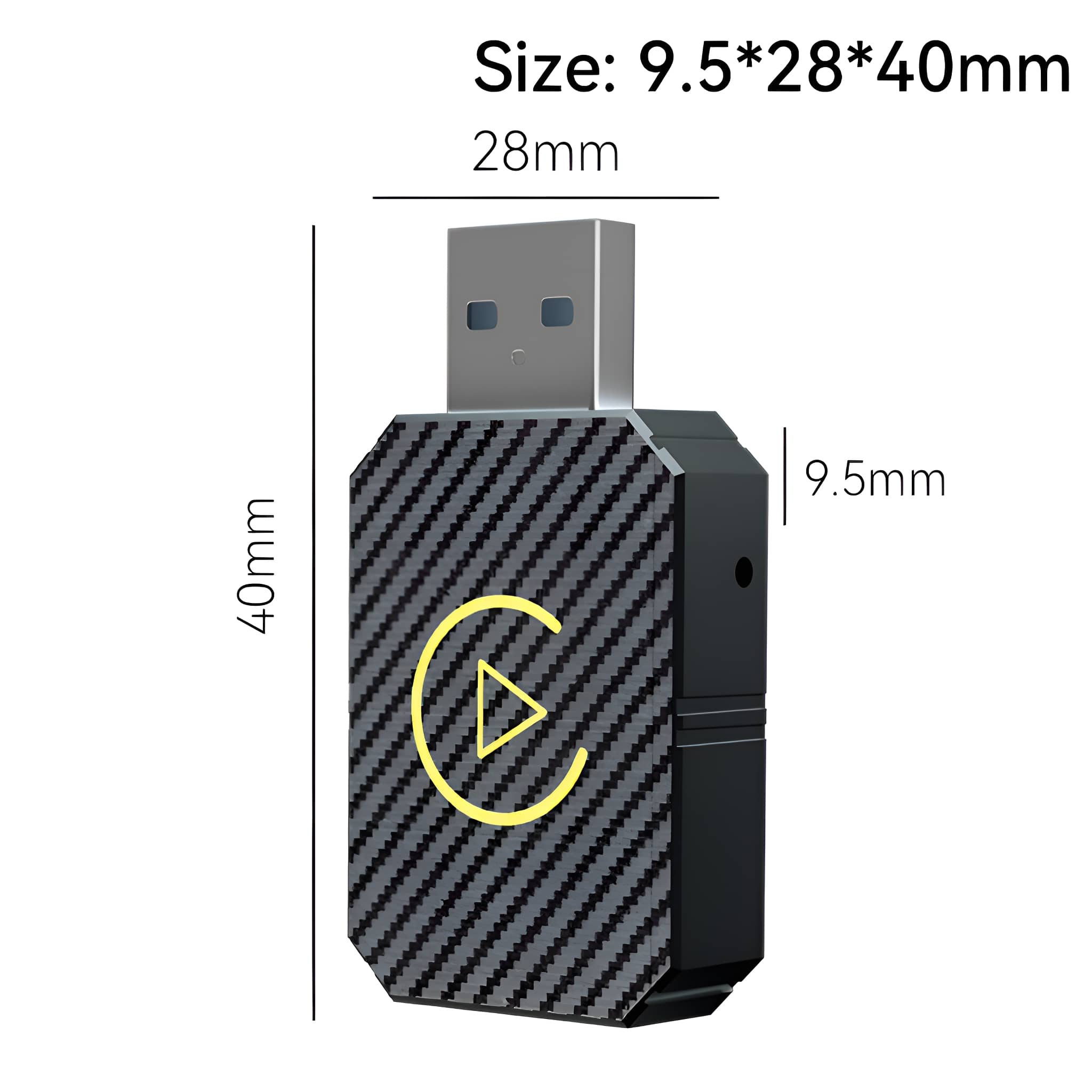 Schwarz-grauer USB-Adapter mit Maßen. Ein gelbes Dreieck mit Kreis befindet sich auf der Vorderseite.