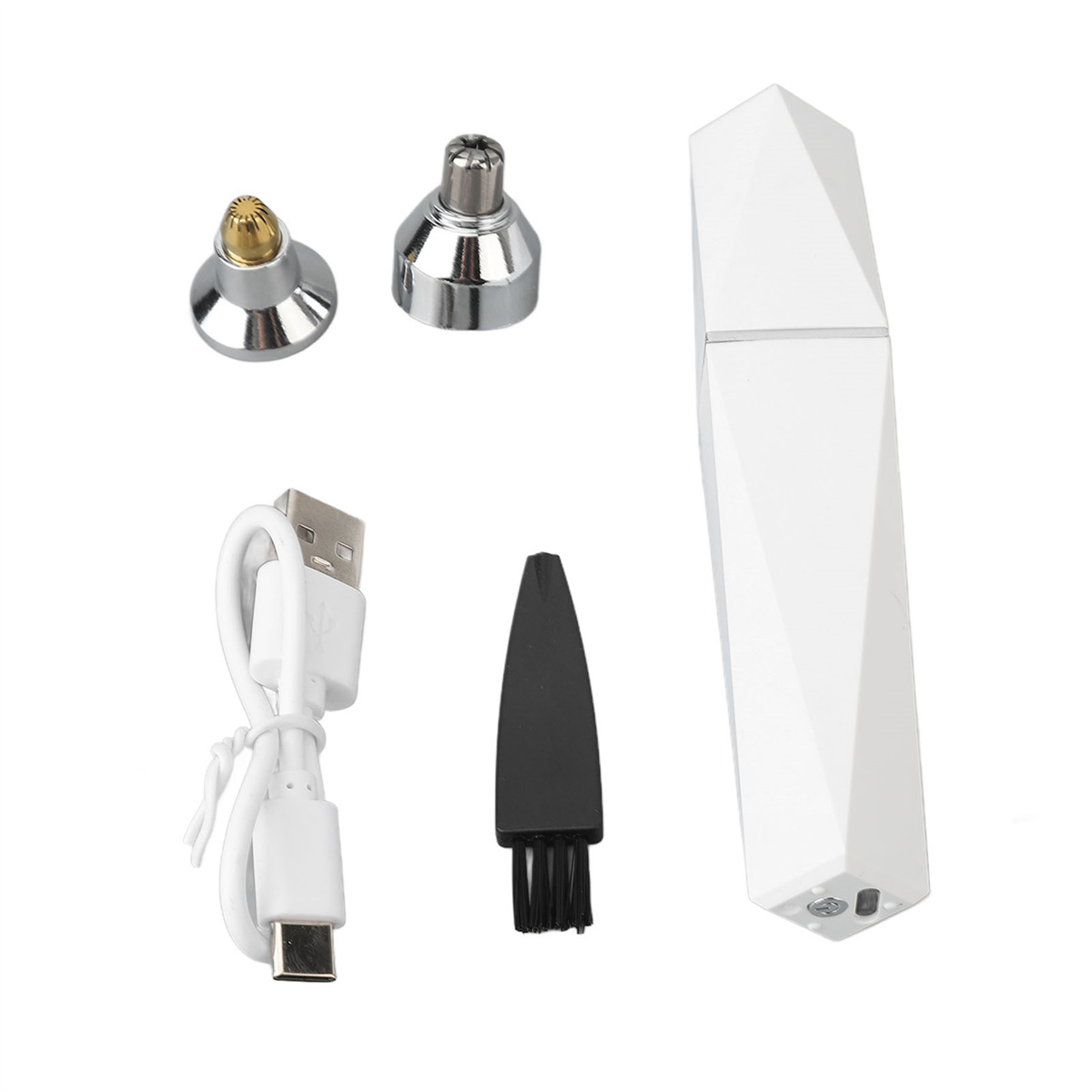 Ein weißer Nasenhaartrimmer mit Aufsätzen und einem USB-Ladekabel und einer kleinen Bürste.