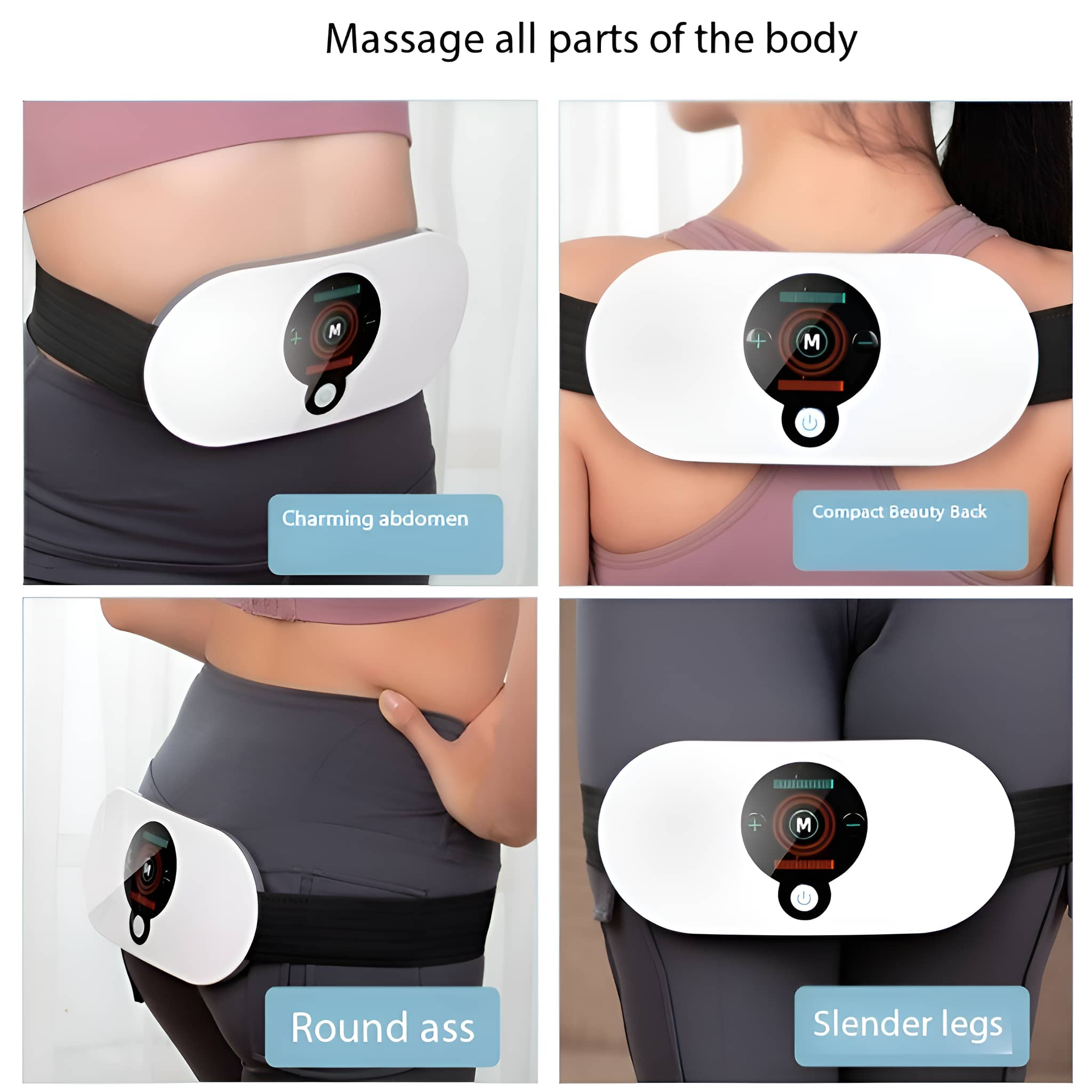 Bilder zeigen ein Massagegerät an verschiedenen Körperteilen. Jeder mit Etiketten: bezaubernder Bauch, kompakter Rücken, runder Hintern, schlanke Beine.