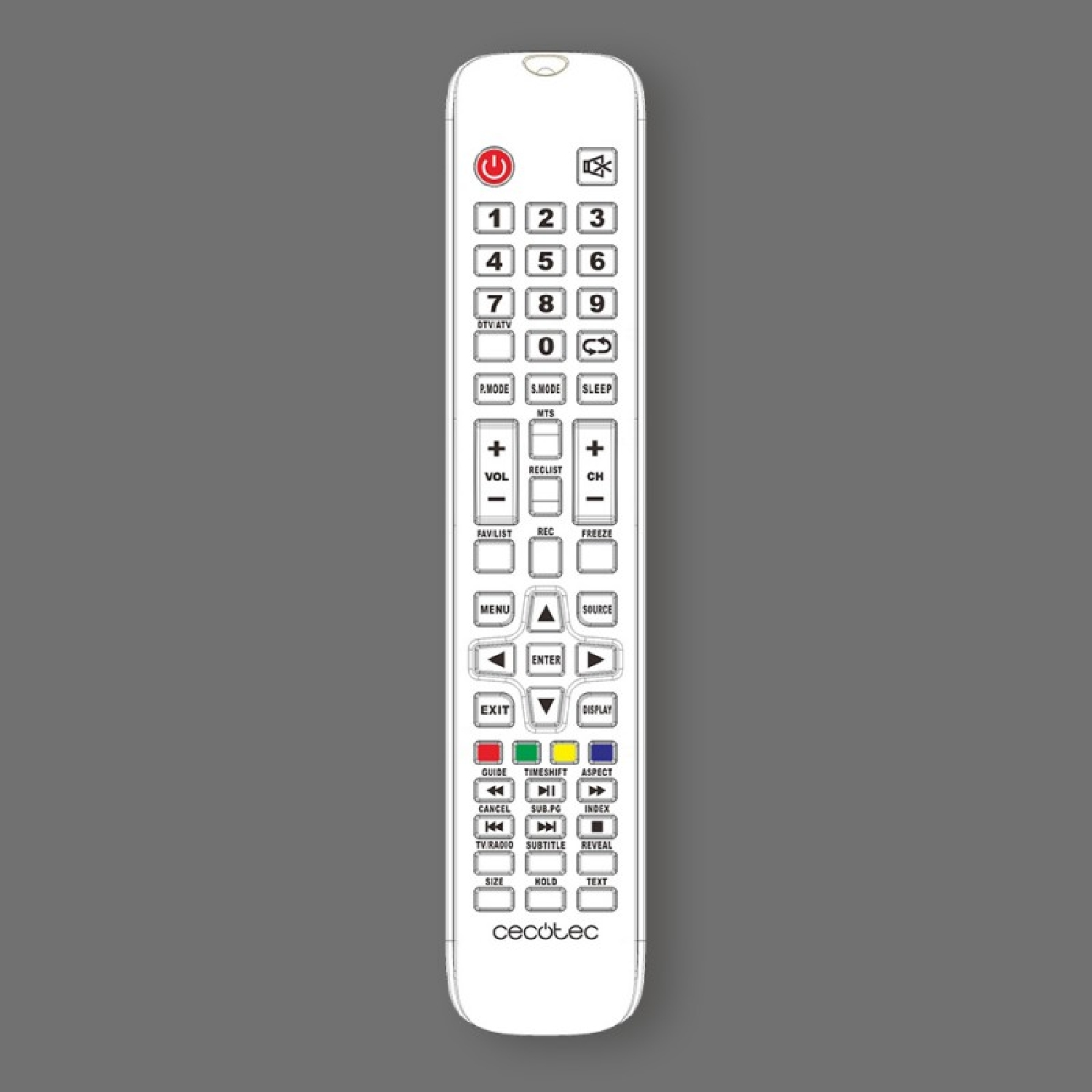 Biały pilot z wieloma przyciskami, w tym zasilaniem, numerami i klawiszami funkcyjnymi.