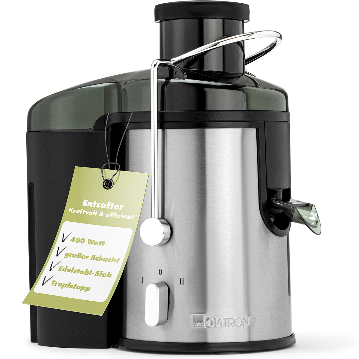Srebrno-czarna wyciskarka do soku z zieloną etykietą. Etykieta zawiera tekst o jej funkcjach.