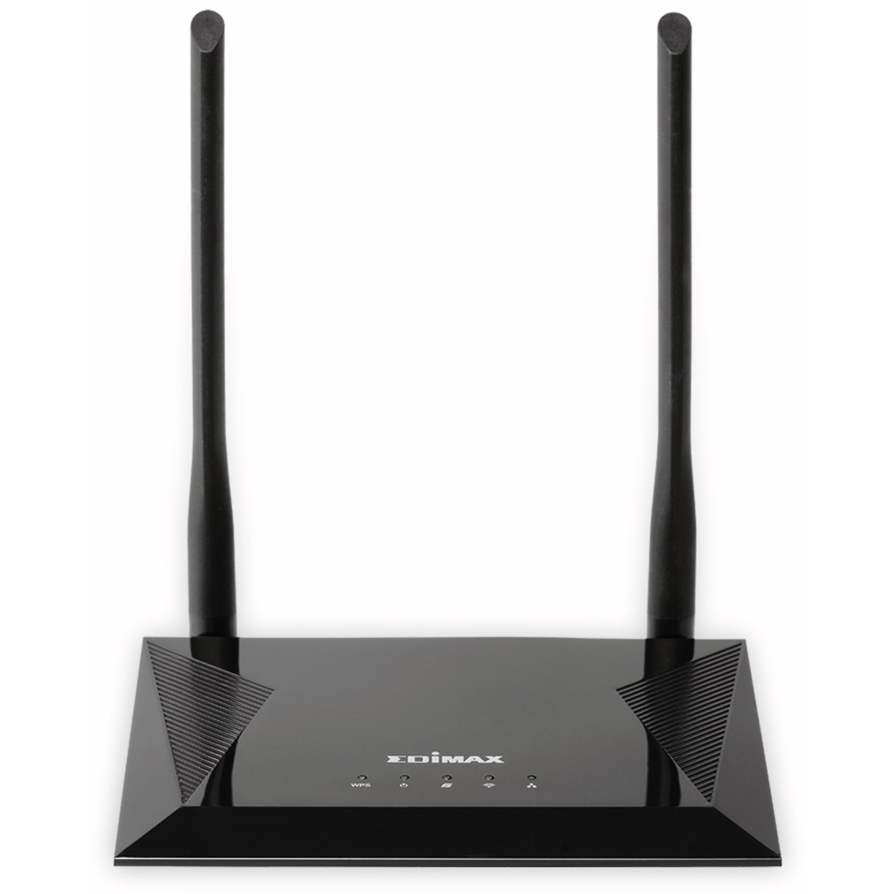 Czarny router z dwoma czarnymi antenami, na białym tle.