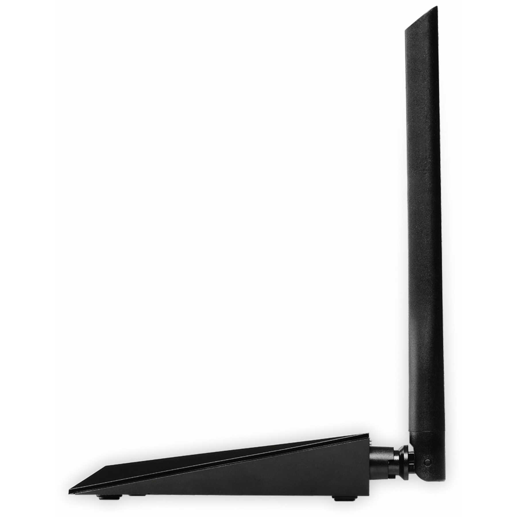 Czarna antena Wi-Fi. Ma małą, kątową podstawę z długą, prostą anteną rozciągającą się w górę.