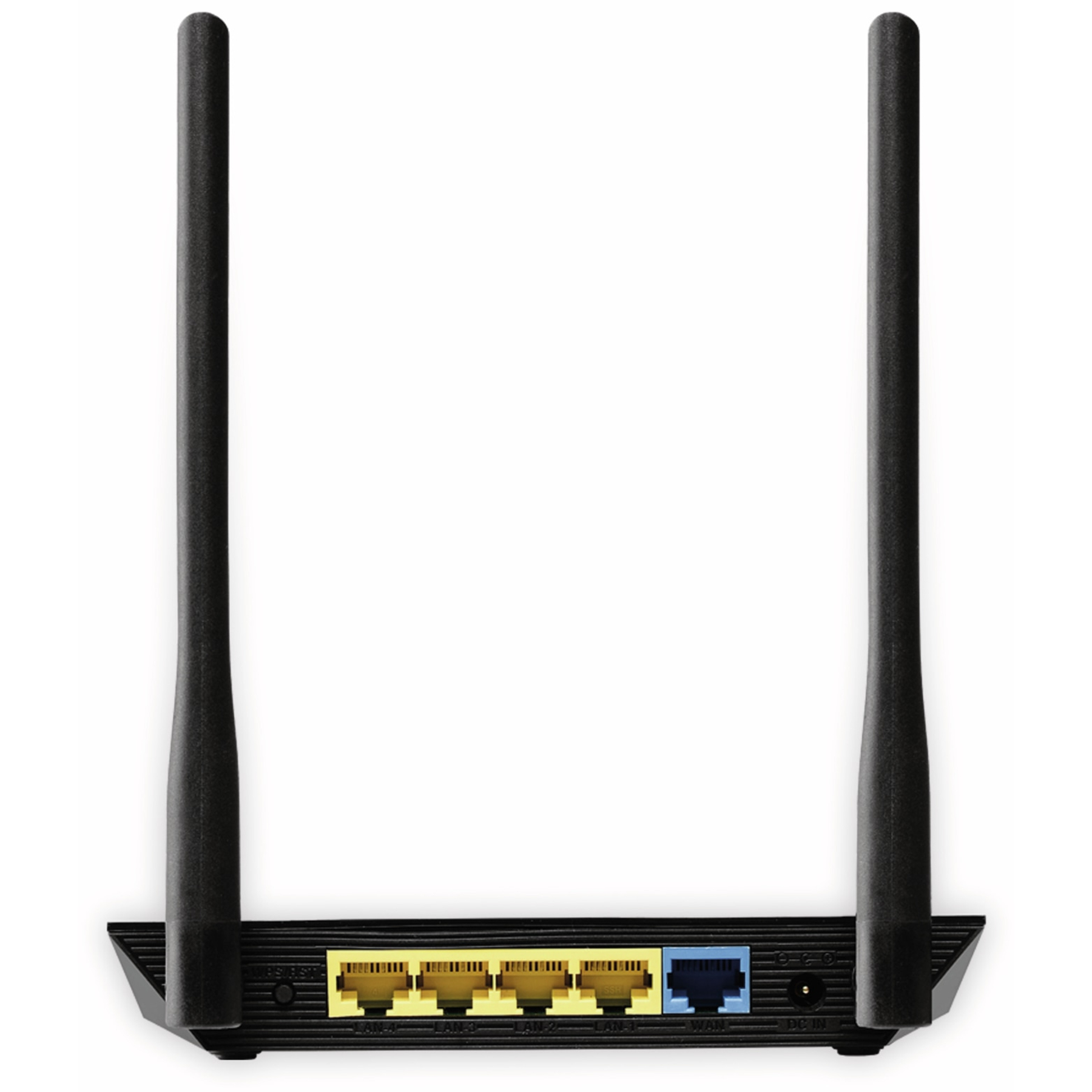 Czarny router z czterema żółtymi i jednym niebieskim portem, dwiema antenami i białym tłem.