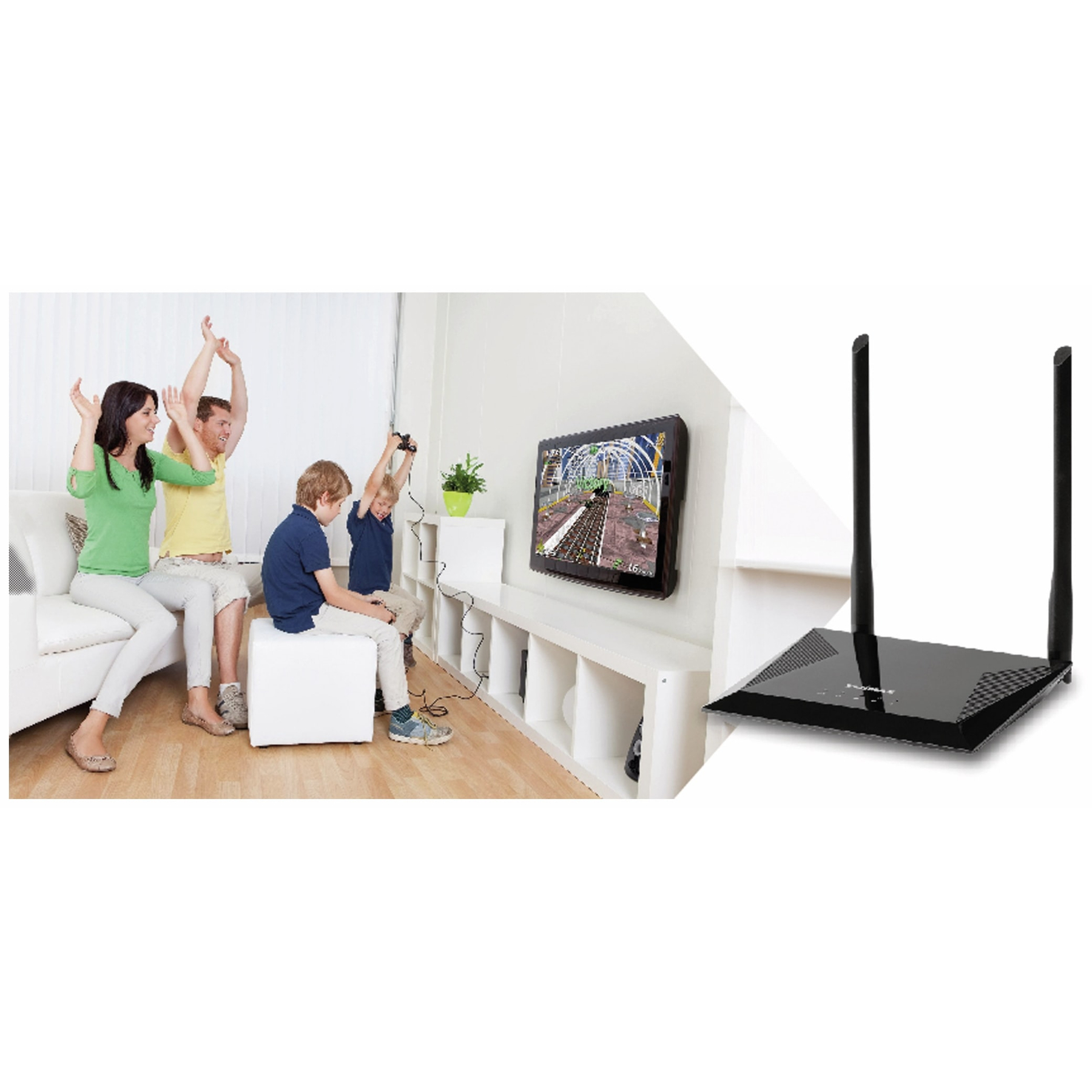 Rodzina gra w gry wideo na telewizorze, z routerem bezprzewodowym na pierwszym planie.