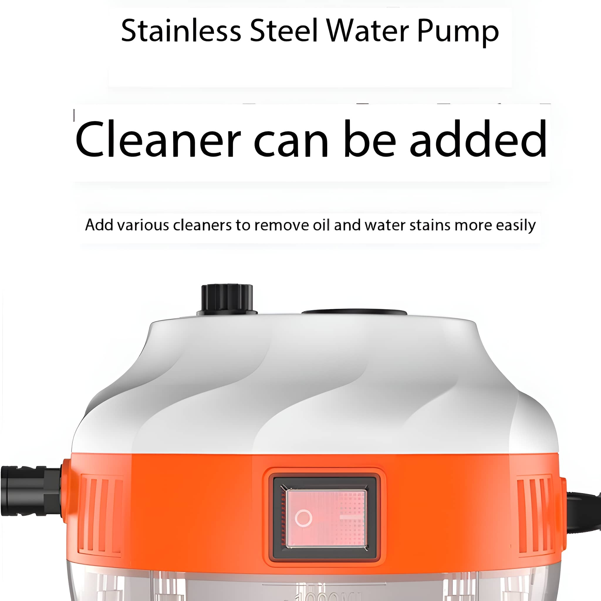 Weiße und orangefarbene Wasserpumpe mit Power-Taste und dem Text "Cleaner can be added".